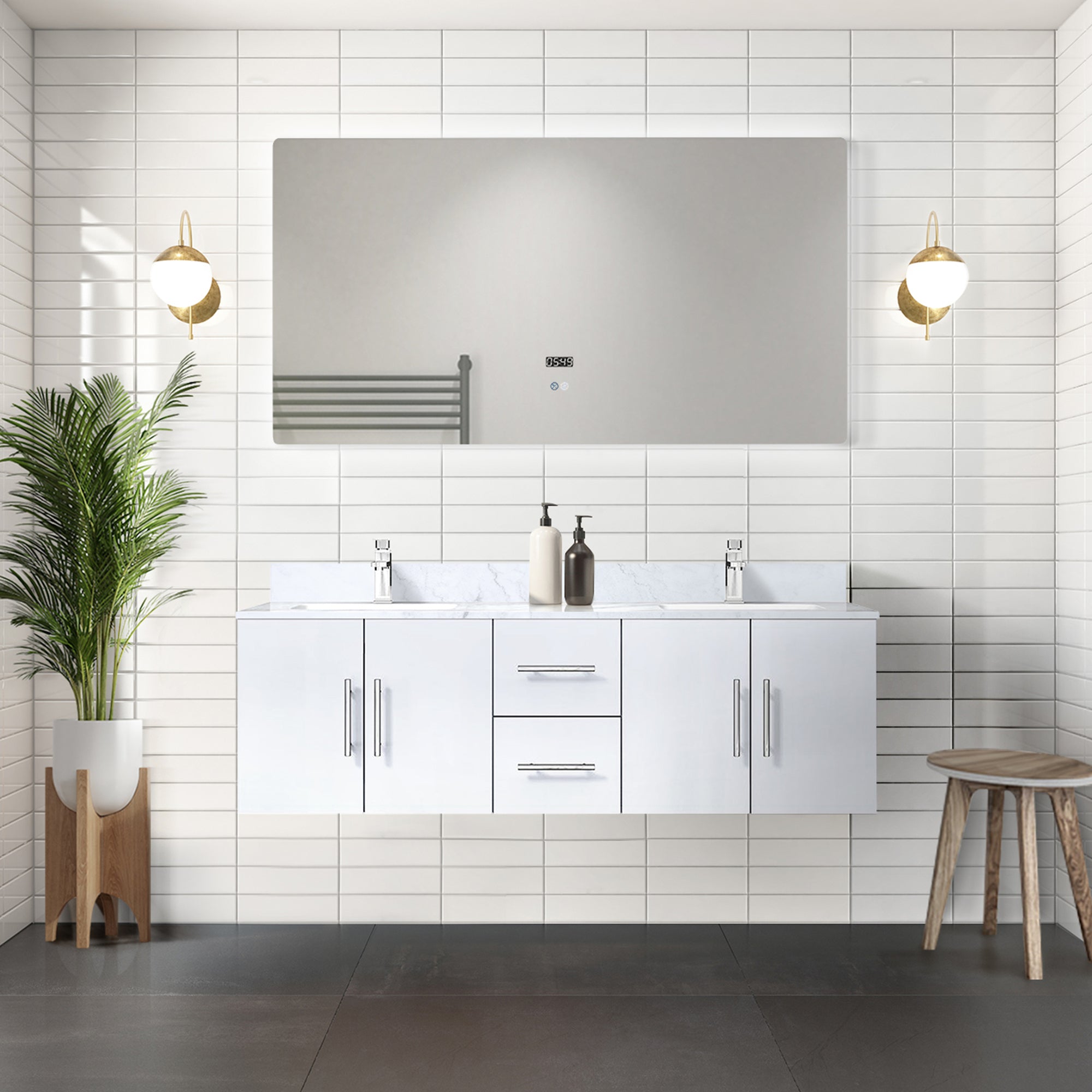 Glossy White Double Bath Vanity 60 in. W x 22 in. D, Carrara Marble Top, and Faucet Set