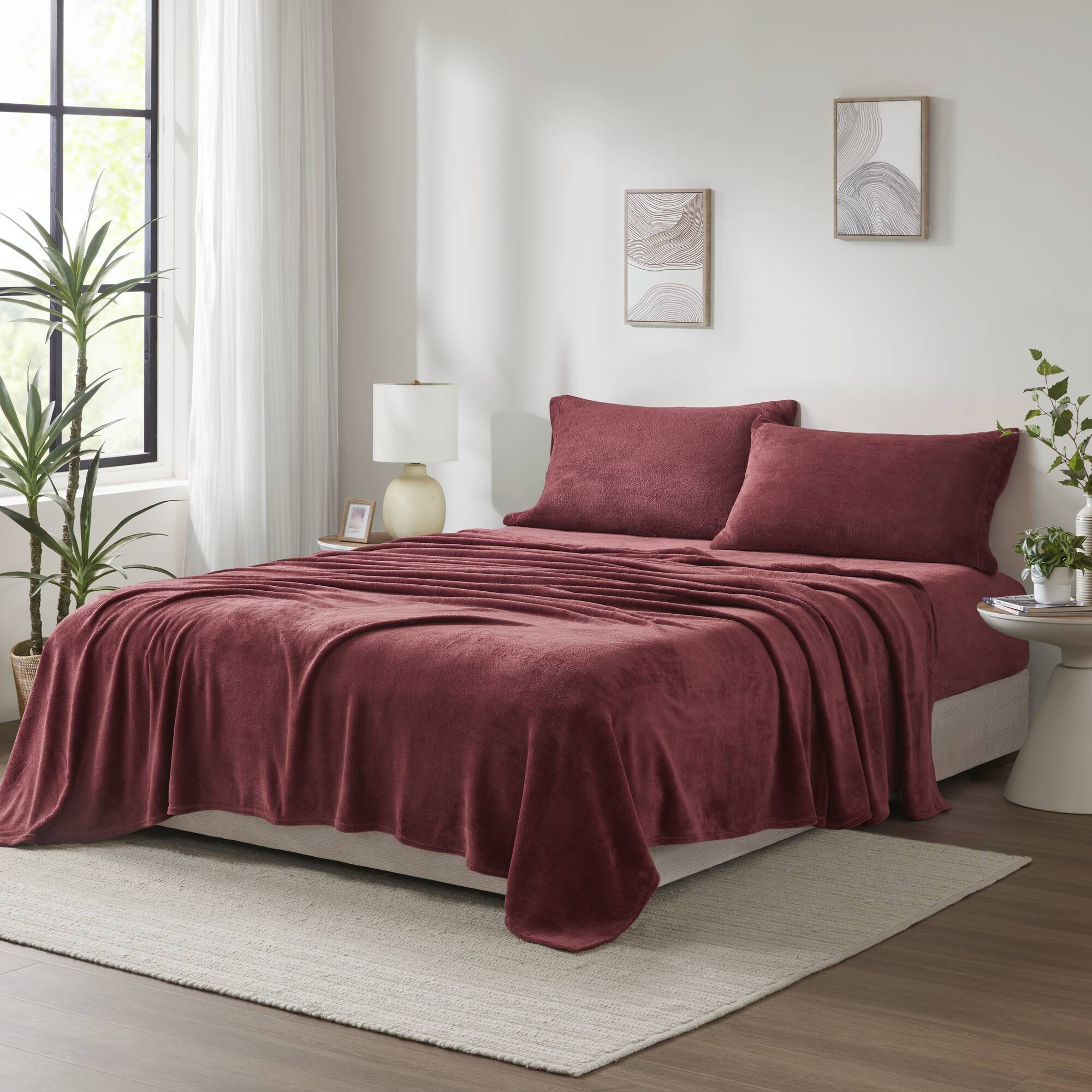 4 PCS King Micro Plush Sheet Set Burgundy