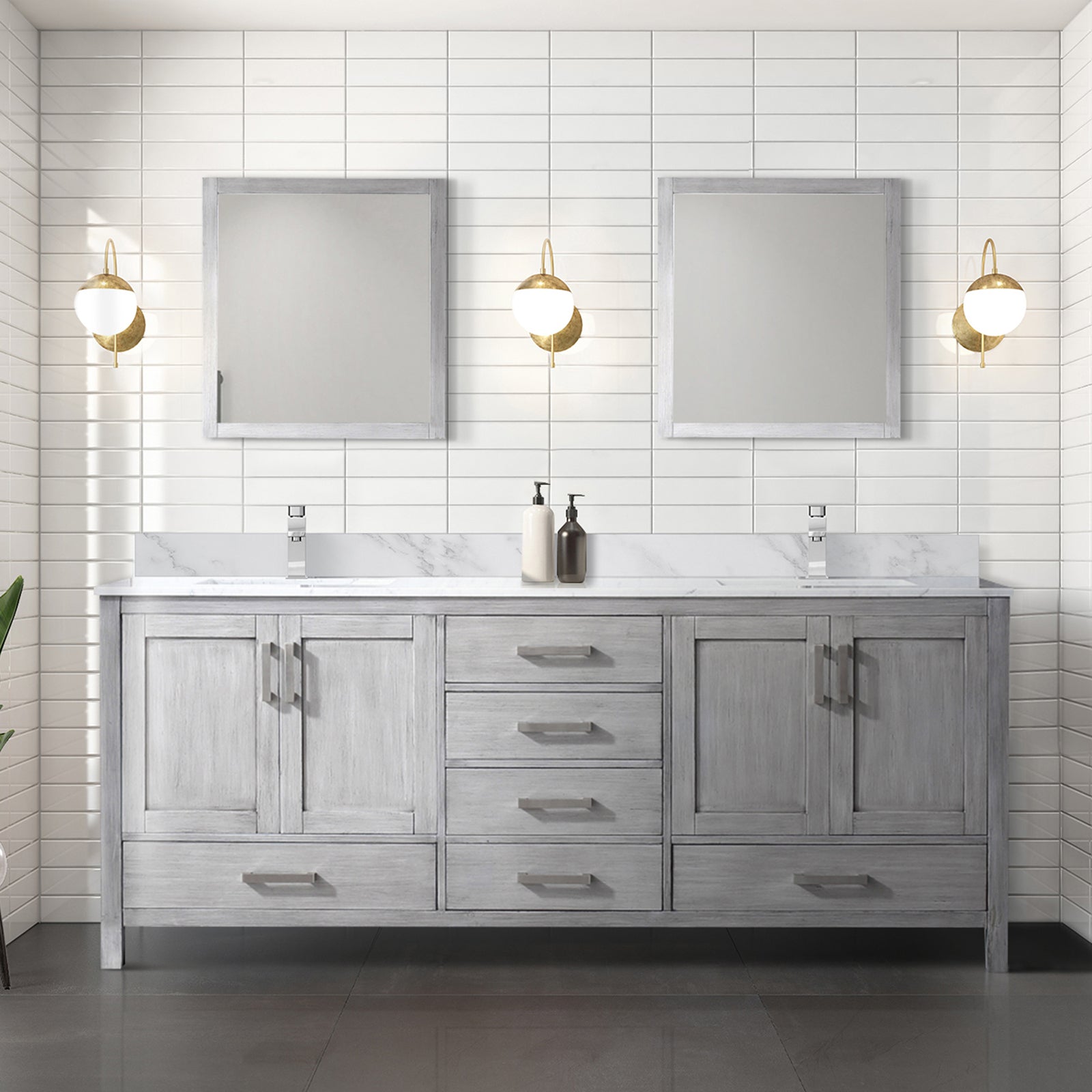 Distressed Grey Double Bath Vanity 80 in. W x 22 in. D, Carrara Marble Top, and Faucet Set