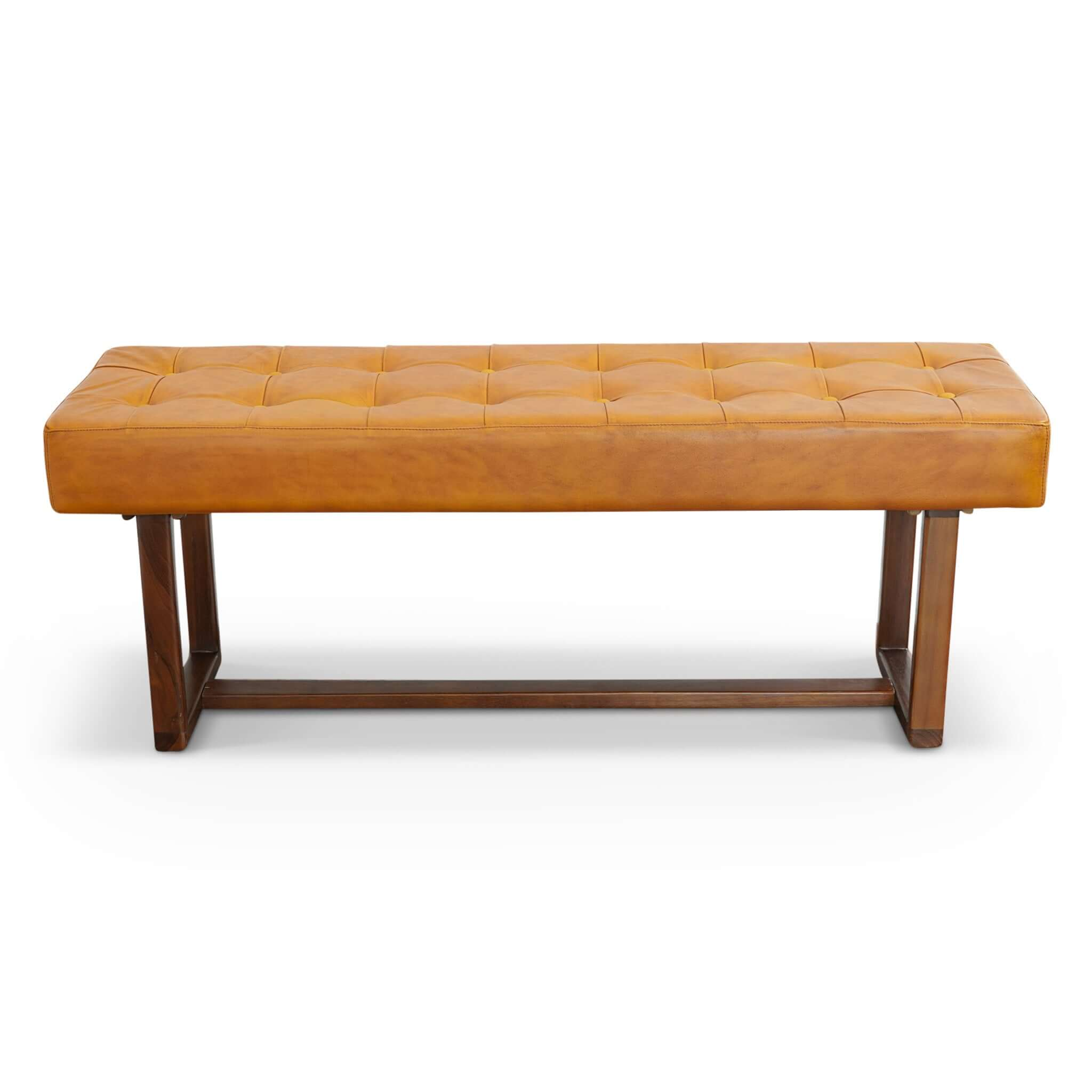 Cameron Mid-Century Modern Tan Leather Bench with Solid Wood Frame 17.5''H x 51''W x 16''D for Living Room Bedroom Waiting Room