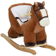 Qaba Baby Rocking Horse, Plush Animal Rocker with Sound, Wooden Base, & Safety Belt for Ages 18-36 Months, Brown