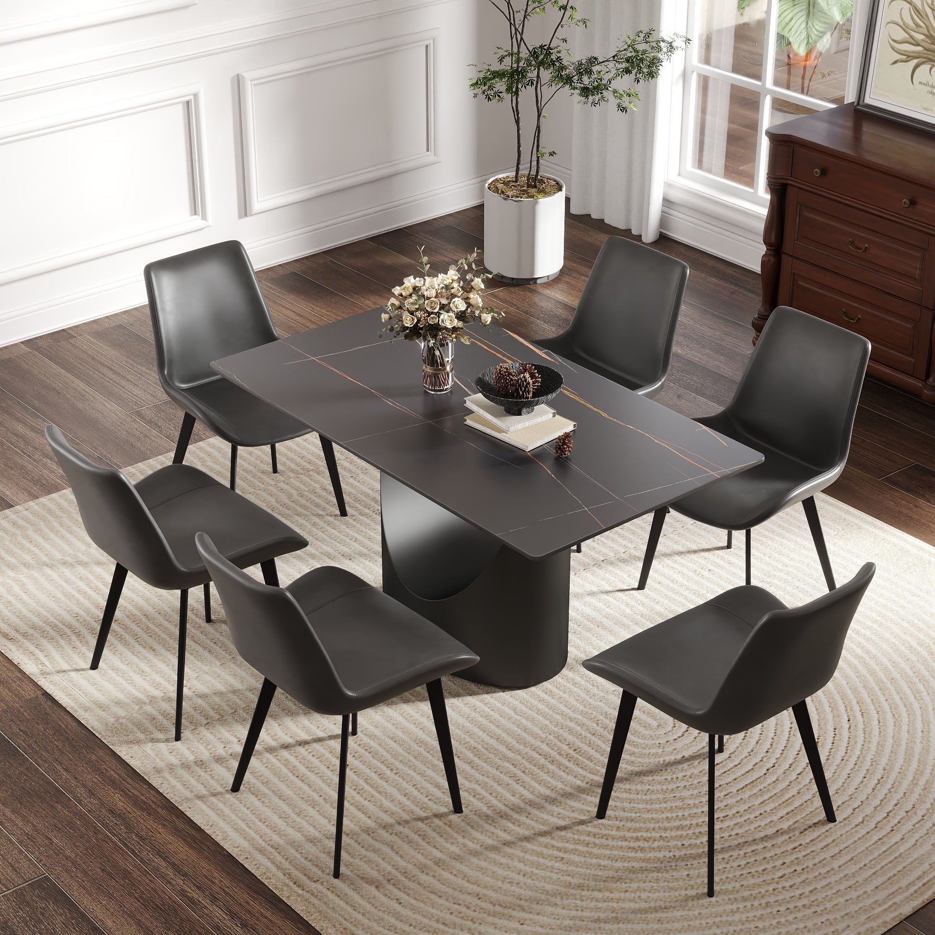 55.12'Modern Artificial Stone Black Panel Black Iron Metal Legs-Can Accommodate 6 People