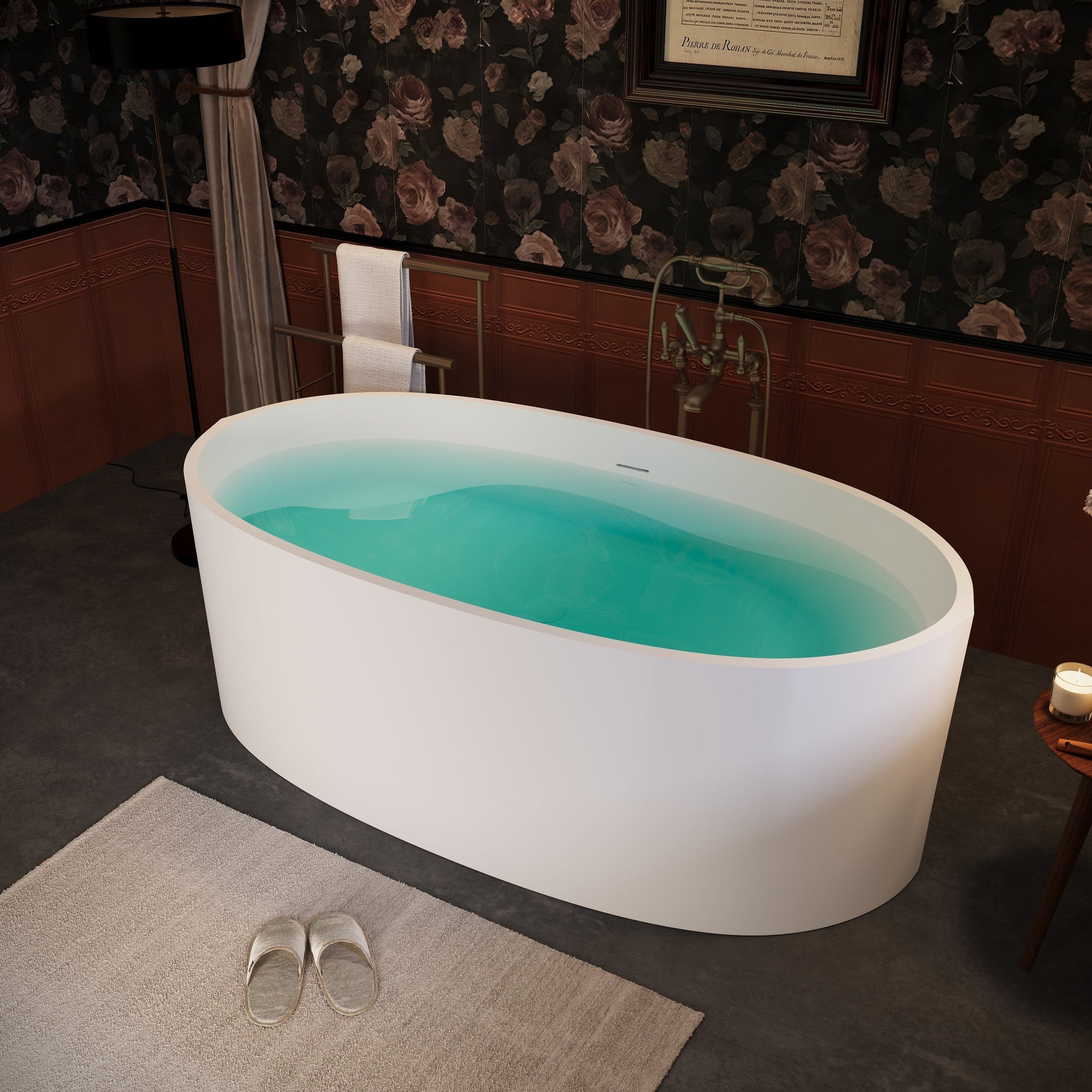 65' Freestanding Solid Surface Bathtub, Stone Resin Freestanding Bath Tub with Overflow and Pop-up Drain, Matte White 24S08-65MW