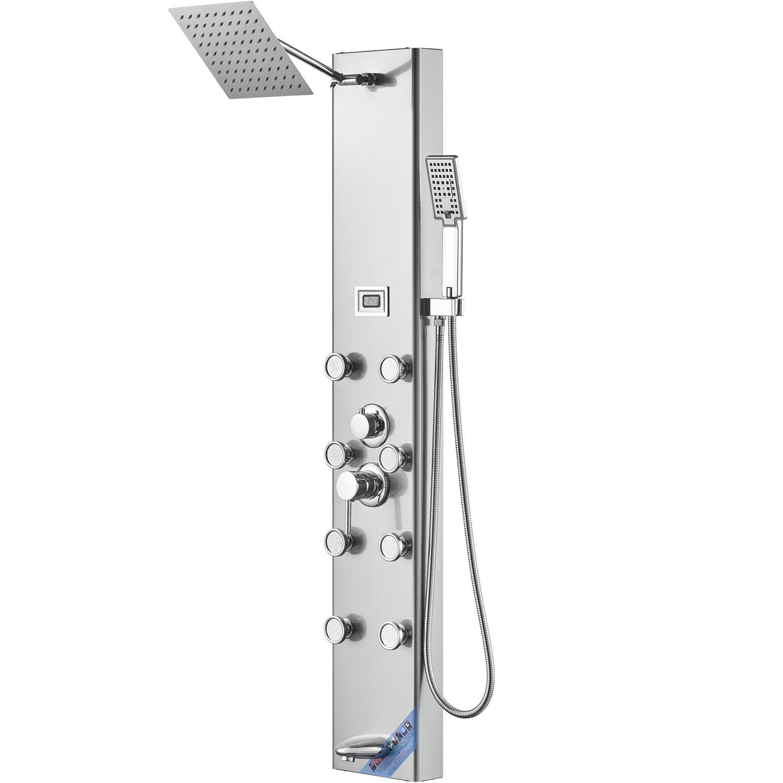 Shower Panel System, 5 Shower Modes, Digital Display Shower Panel Tower, Rainfall, 8 Massage Jets, Tub Spout, 3-Setting Handheld Shower Head 59' Hose, Stainless Steel Wall-Mounted Shower Set