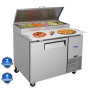 Orikool 44 IN Commercial Pizza Prep Table with a Built-in Refrigerator 11 Cu.Ft, Butcher Block Cutting Board, Protection Lid, Cold Storage, and Smooth-Rolling Casters, ETL Certified