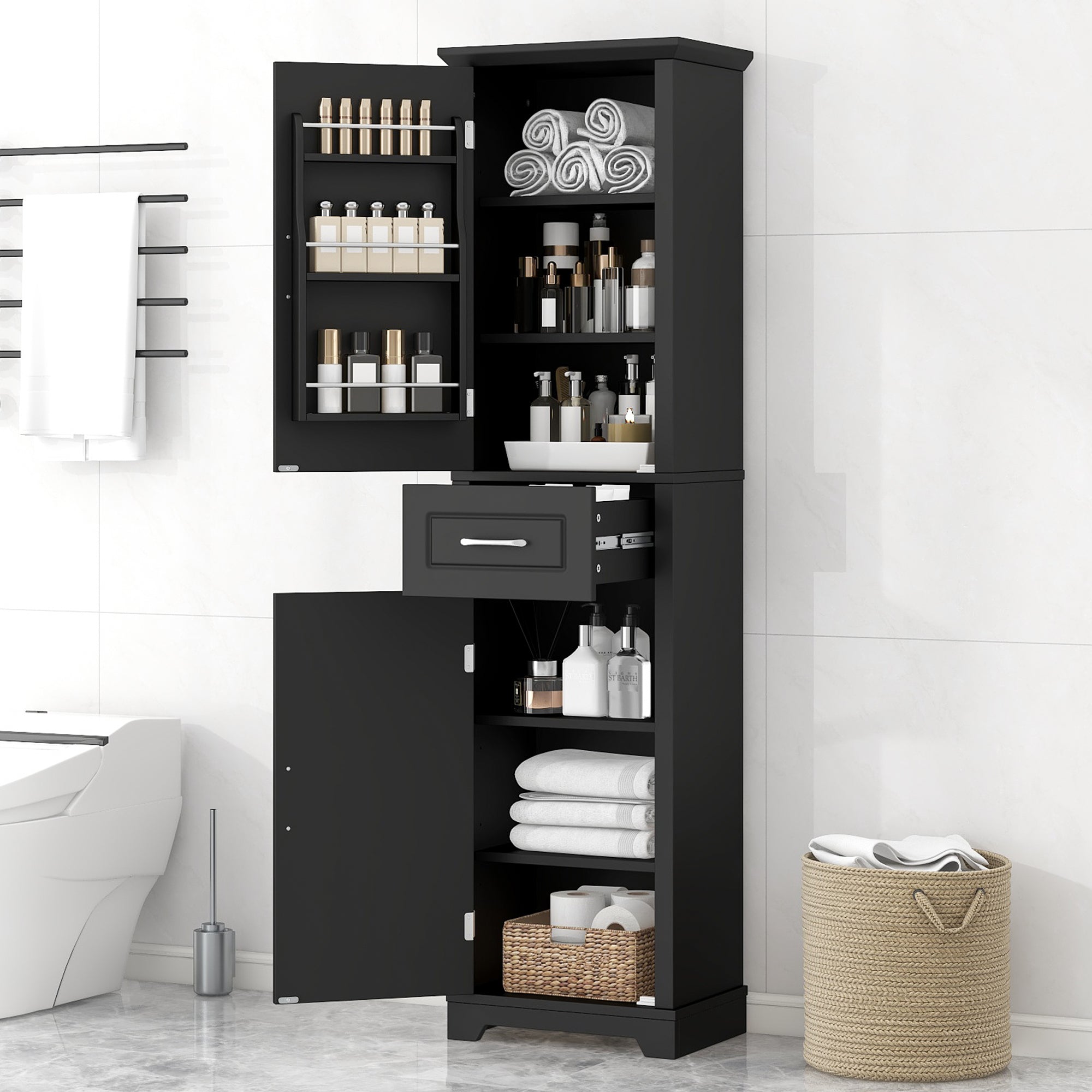 Tall Bathroom Storage Cabinet, Freestanding Storage Cabinet with Two Doors and Adjustable Shelves, Door Shelve Design, MDF Board with Painted Finish, Black