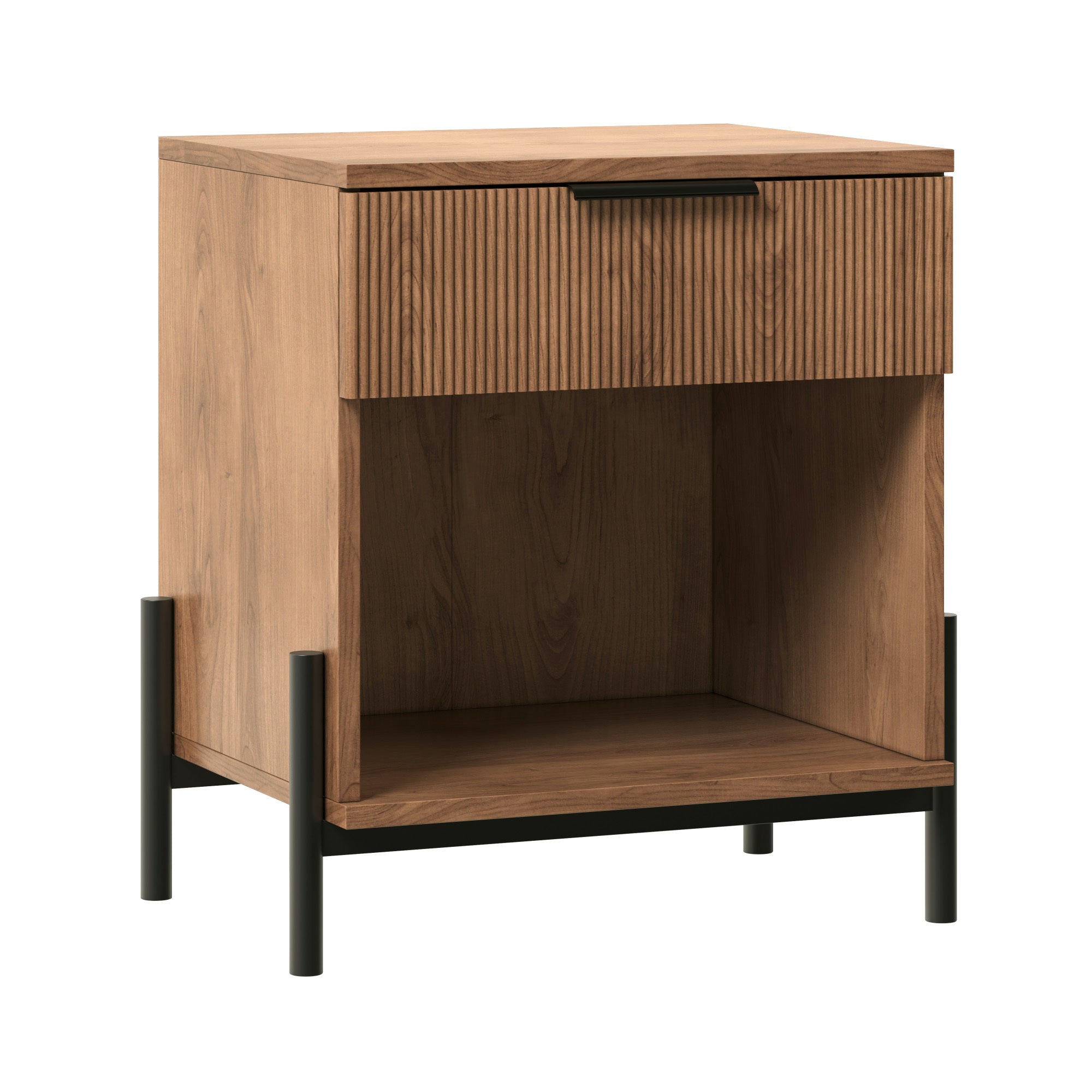 Modern Fluted-Drawer Nightstand with Open Cubby, Coffee Finish, MDF, 22 x 15.75 x 24 Inches