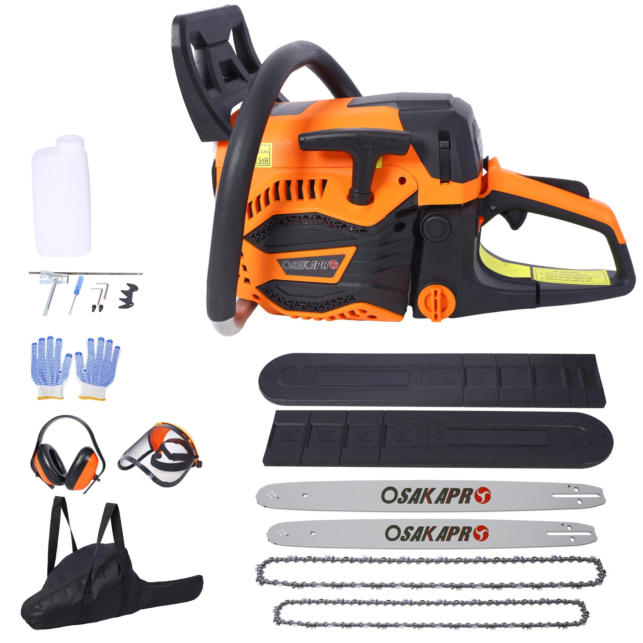 62CC Gas Powered Chainsaw, 2-Cycle Handheld Cordless Chain Saw, Orange Aluminium, 18' and 20' Guide Bar