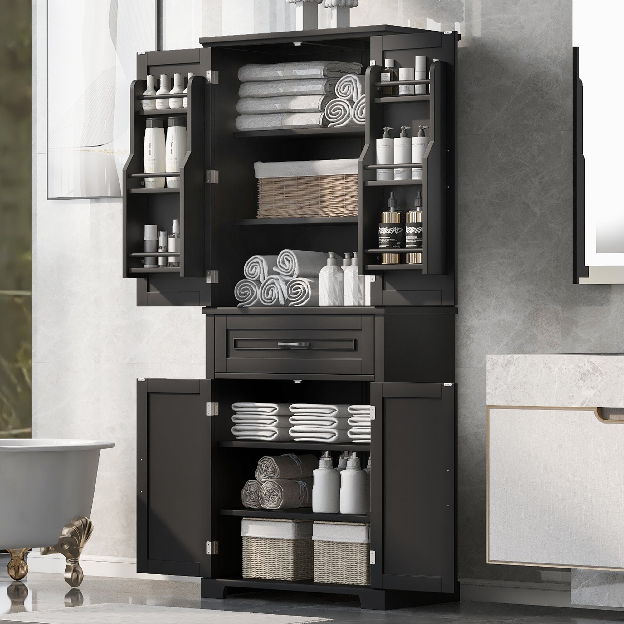Bathroom Storage Cabinet with Doors and Drawer, Multiple Storage Space, Adjustable Shelf, Black (Old Sku:WF308204AAB)