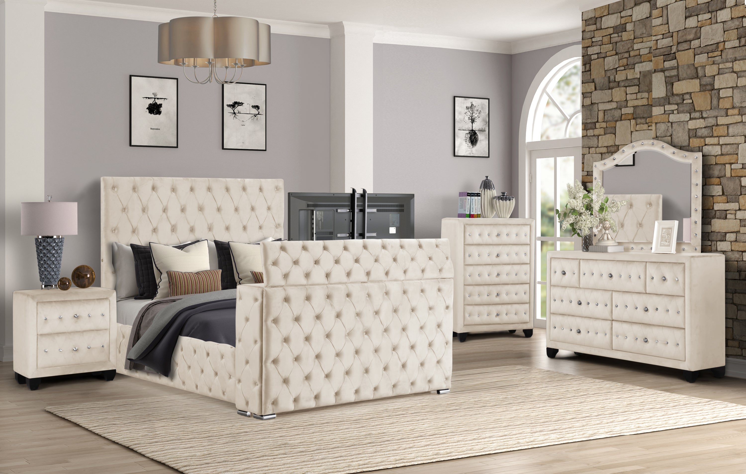 Encore Modern Style Tufted and Upholstered Queen 5PC Bedroom set made with wood in Beige(CA Inventory)