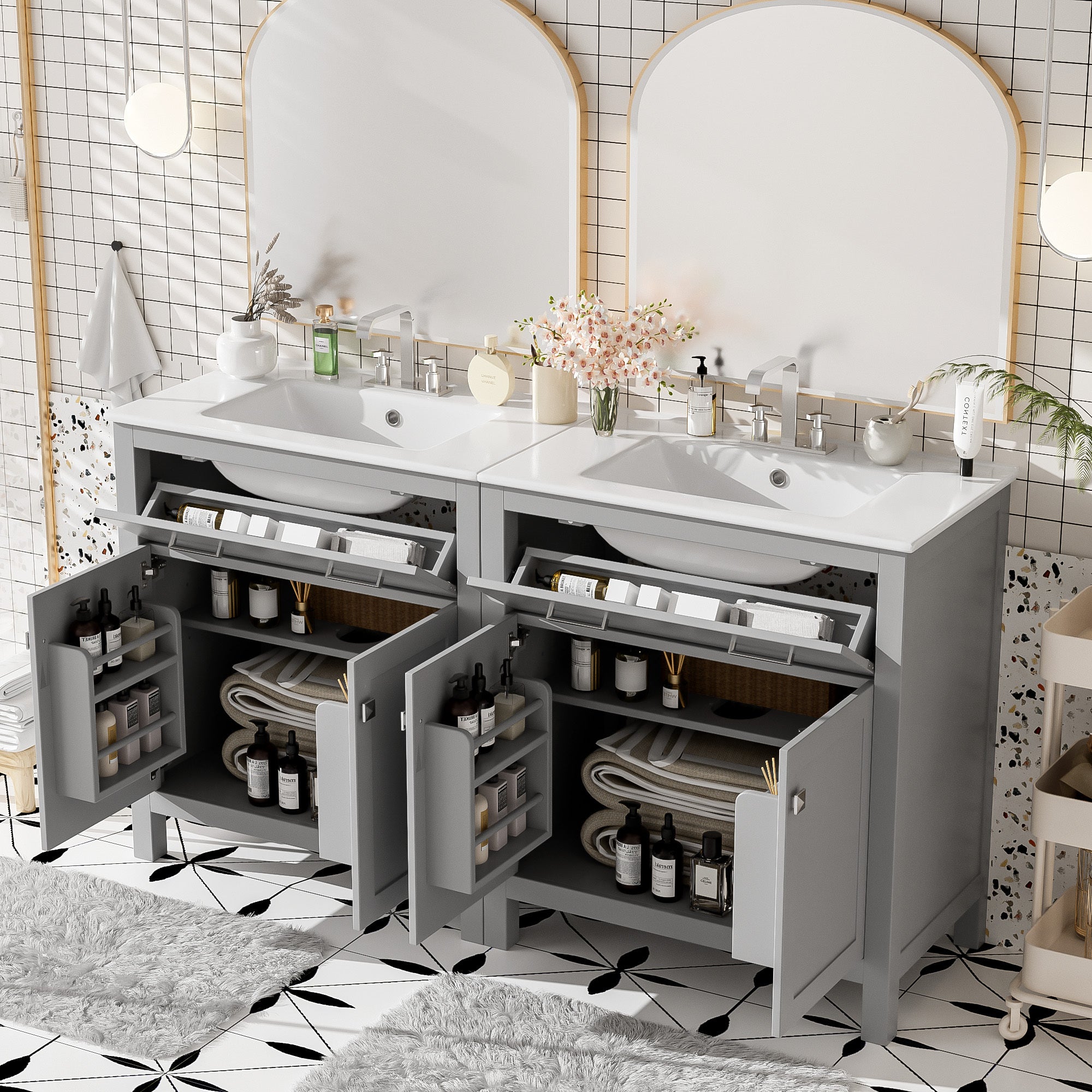 60' Modern Gray Bathroom Vanity Set with Double Vanities (Separate), Double Ceramic Sinks, Adjustable Shelf, Soft Close Doors and Flip Drawer– Modern Bathroom Solution for Spacious Bathrooms