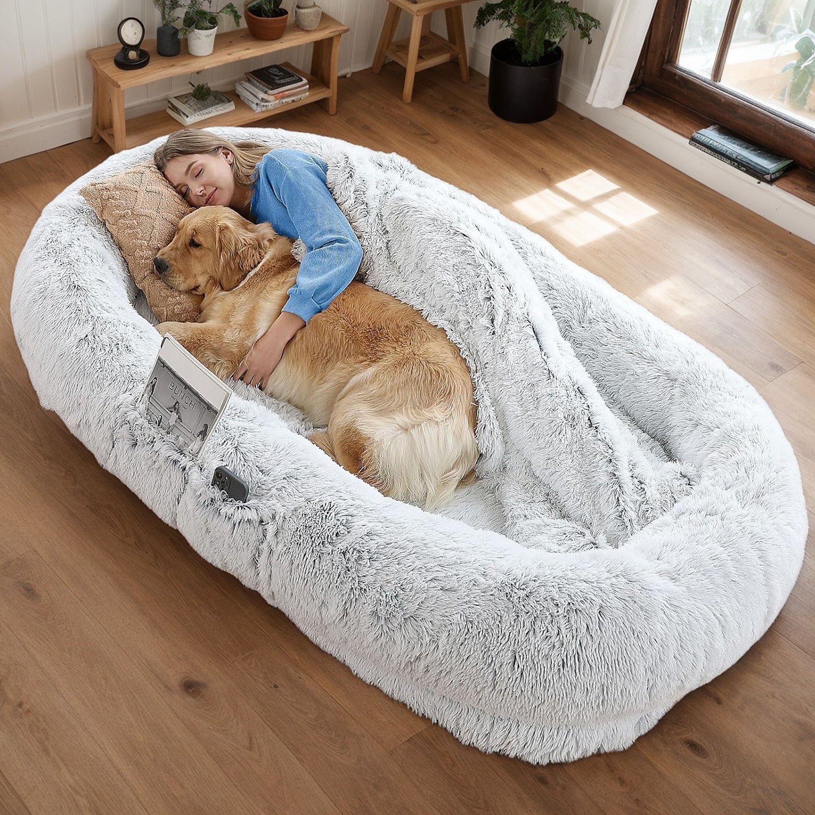 Human Dog Bed, Washable Faux Fur Dog Bed for People Doze Off, Napping Orthopedic Dog Bed,71''x45''x14'' Size Fits You and Pets (Grey) - Blankets and Pillows NOT INCLUDED