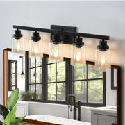 31' Modern Black 5-Light Bathroom Vanity Light Fixture, Industrial Wall Sconce with Clear Glass Shades for Mirror, Bathroom, Bedroom, and Hallway (No Bulbs)