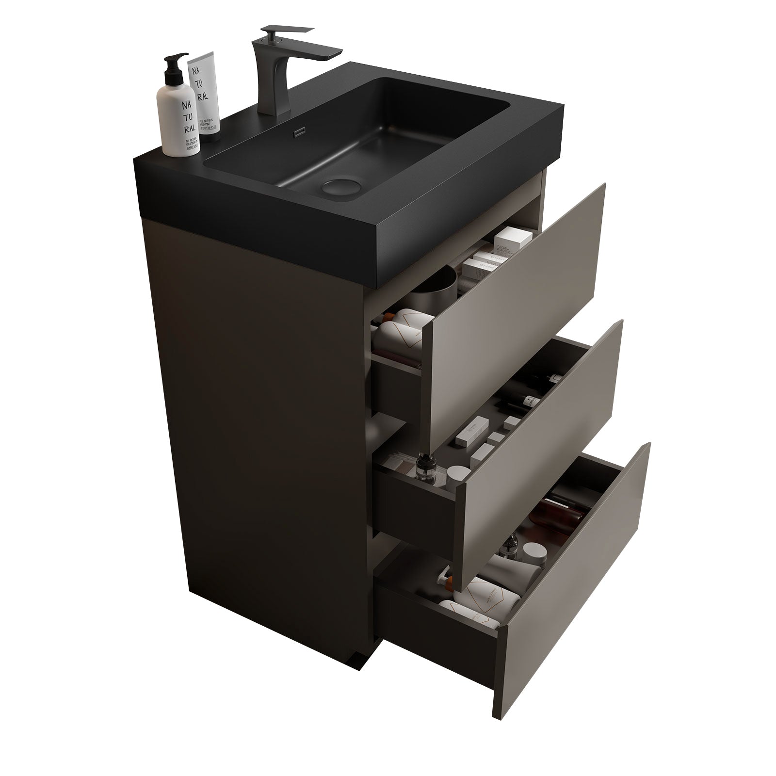 Alice 24' Gray Bathroom Vanity with Large Storage and Black Sink Basin, Modern Freestanding Design