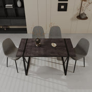 59' MDF black wooden dining table and modern dining chair set of 4 pieces, medieval wooden kitchen dining table set, black rectangular metal base, dining table and suede chair set