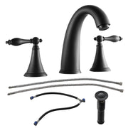 Modern Matte Black 2 Handle Widespread Bathroom Faucet with Pop Up Drain and Water Supply Lines