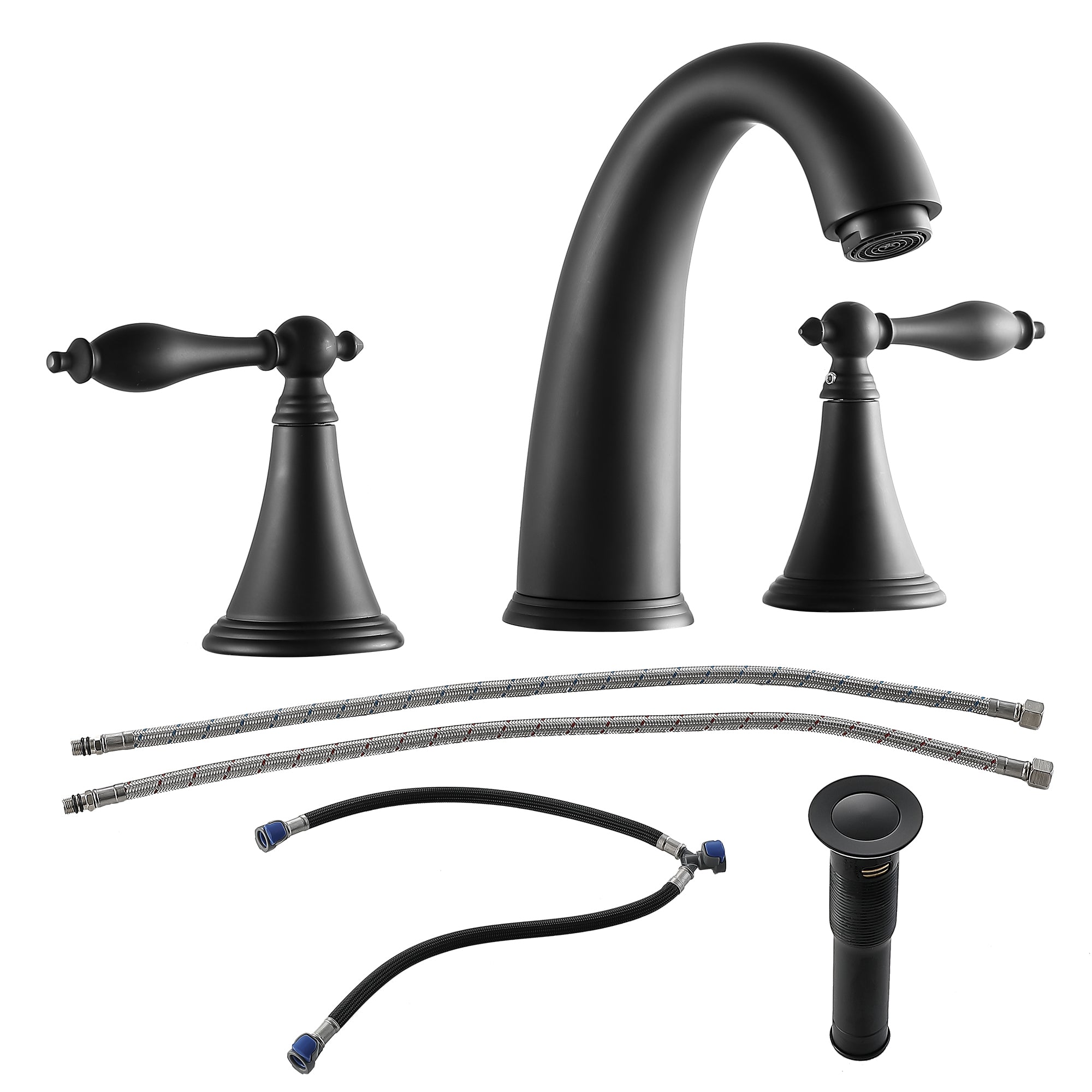 Modern Matte Black 2 Handle Widespread Bathroom Faucet with Pop Up Drain and Water Supply Lines