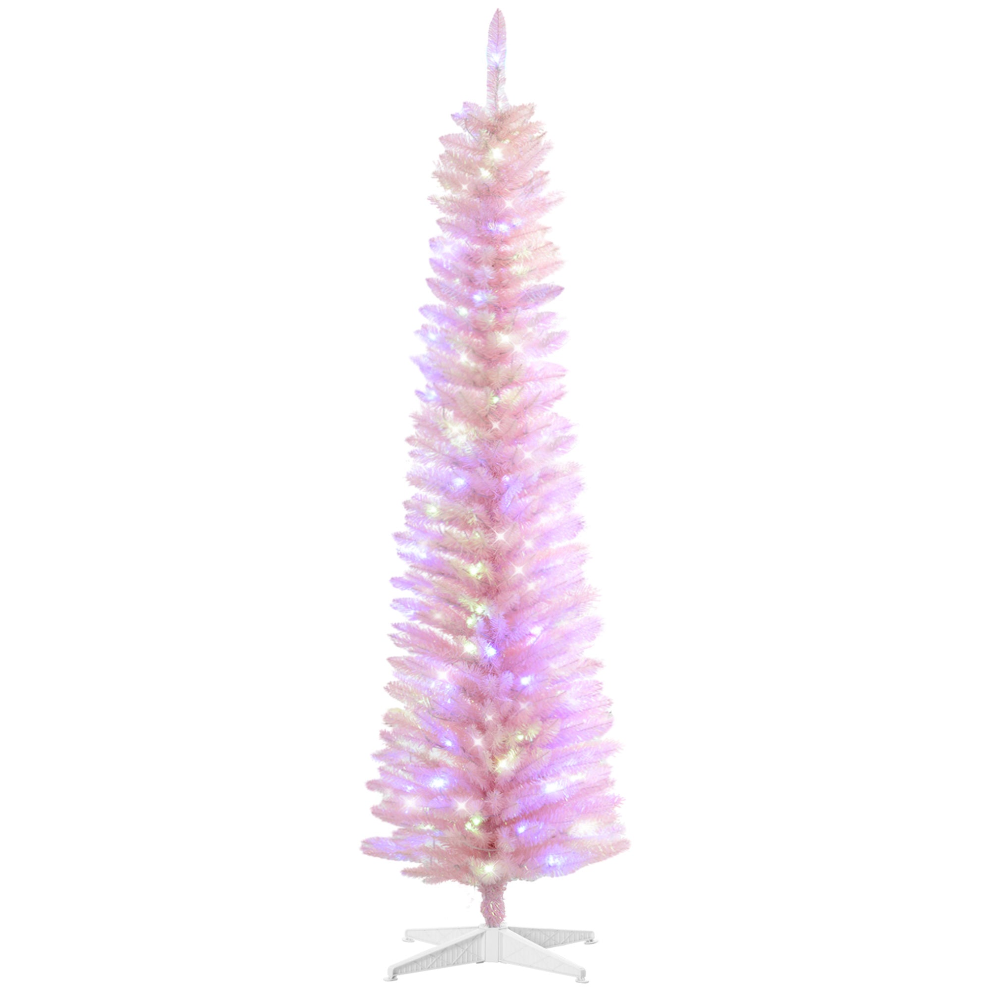 HOMCOM 6ft Tall Pencil Prelit Artificial Christmas Tree Holiday Décor with 360 Colorful Surface Branches, 200 Colorful LED Lights, Pink