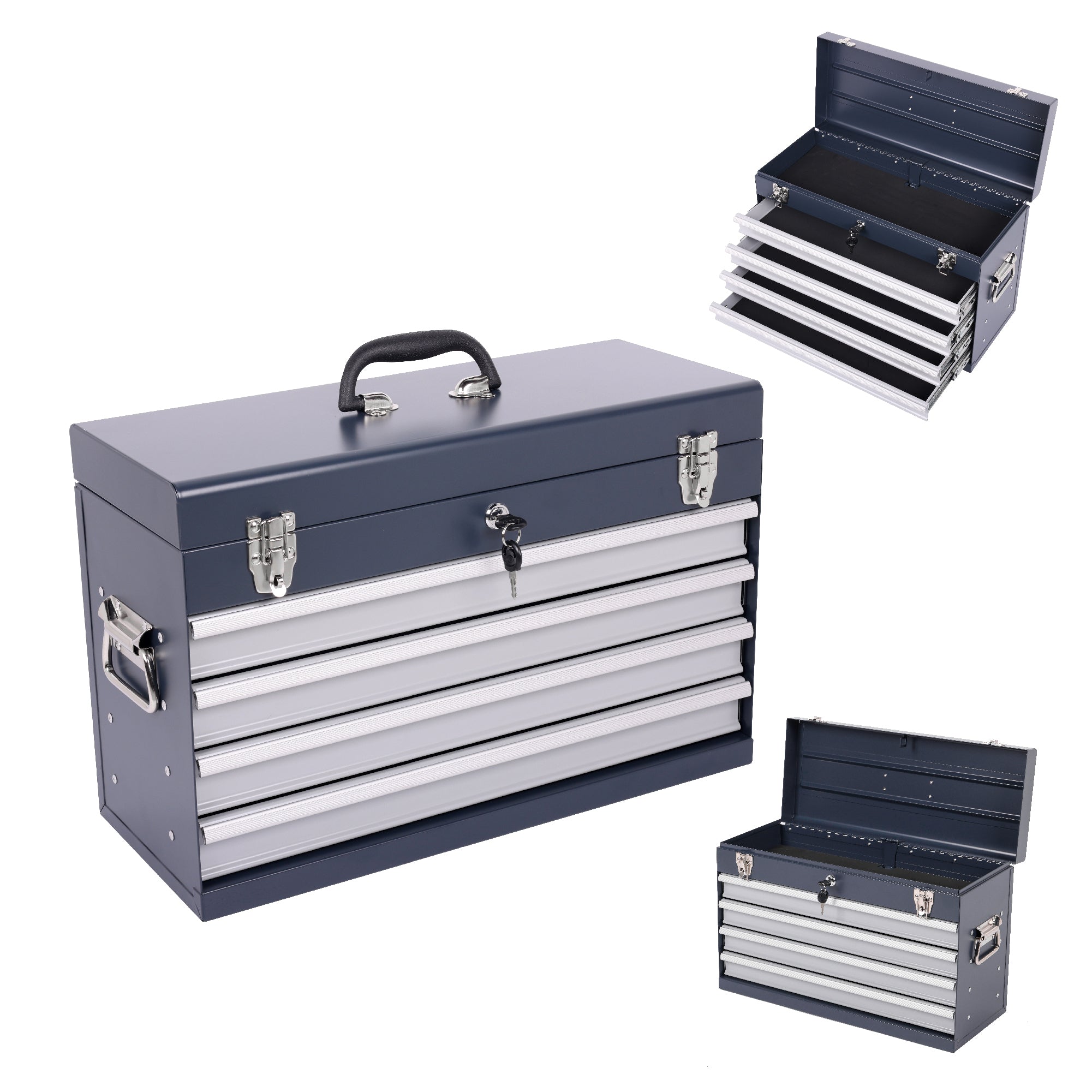 Heavy Duty Metal Tool Box, 21-inch, Portable Metal Tool Box with 4 Drawers, Small Tool Chest with EVA Liners, Ball Bearing Slide Drawers Locking & Powder Coated Finish, Multi-Function Tool Organizer