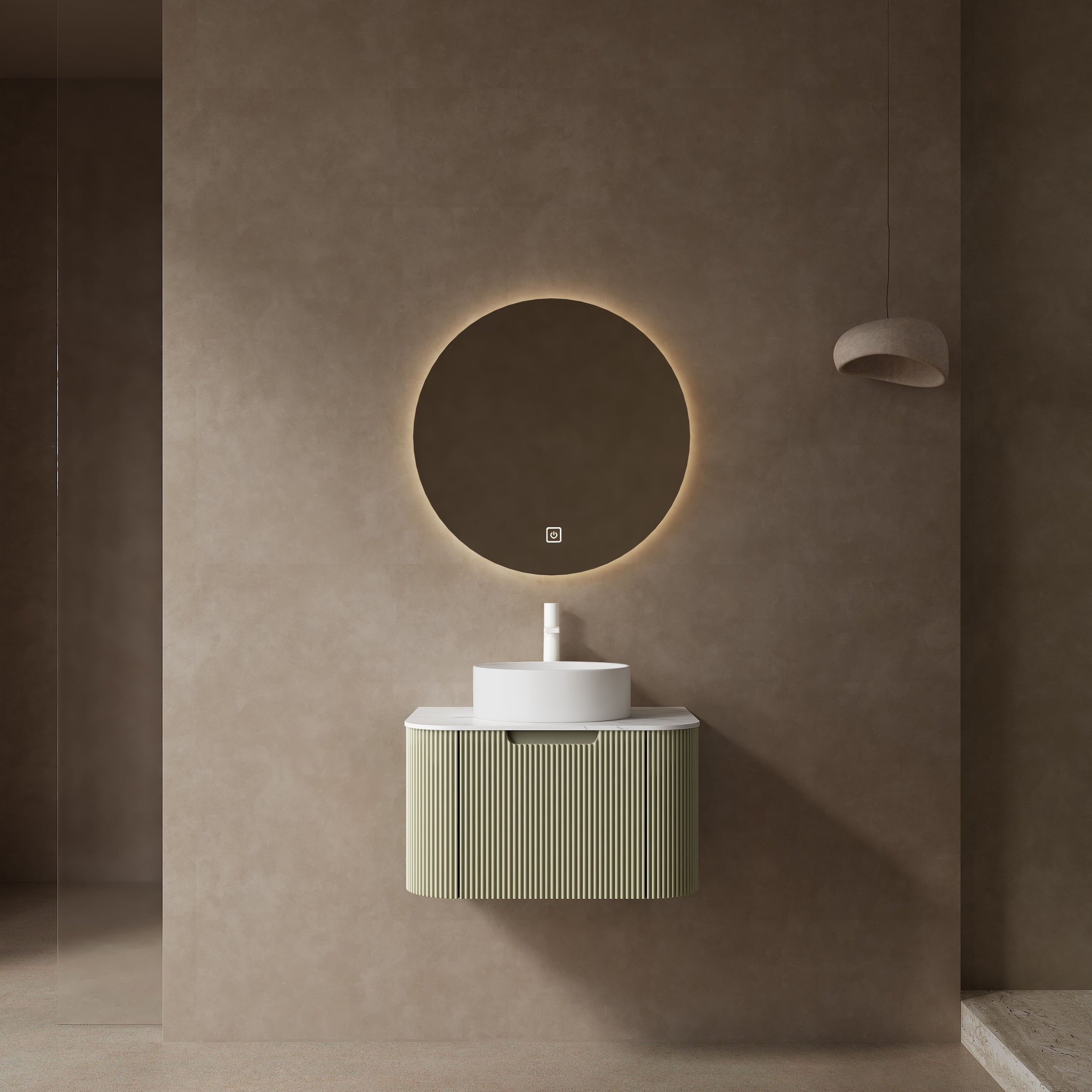 DINA 24' Bathroom Vanity with Sink, Modern Wall-Mounted Floating Curved Edges Striped Bathroom Storage Cabinet with a Drawer, White Round Ceramic Basin without Faucet, Pre-assembled, Light Green Color