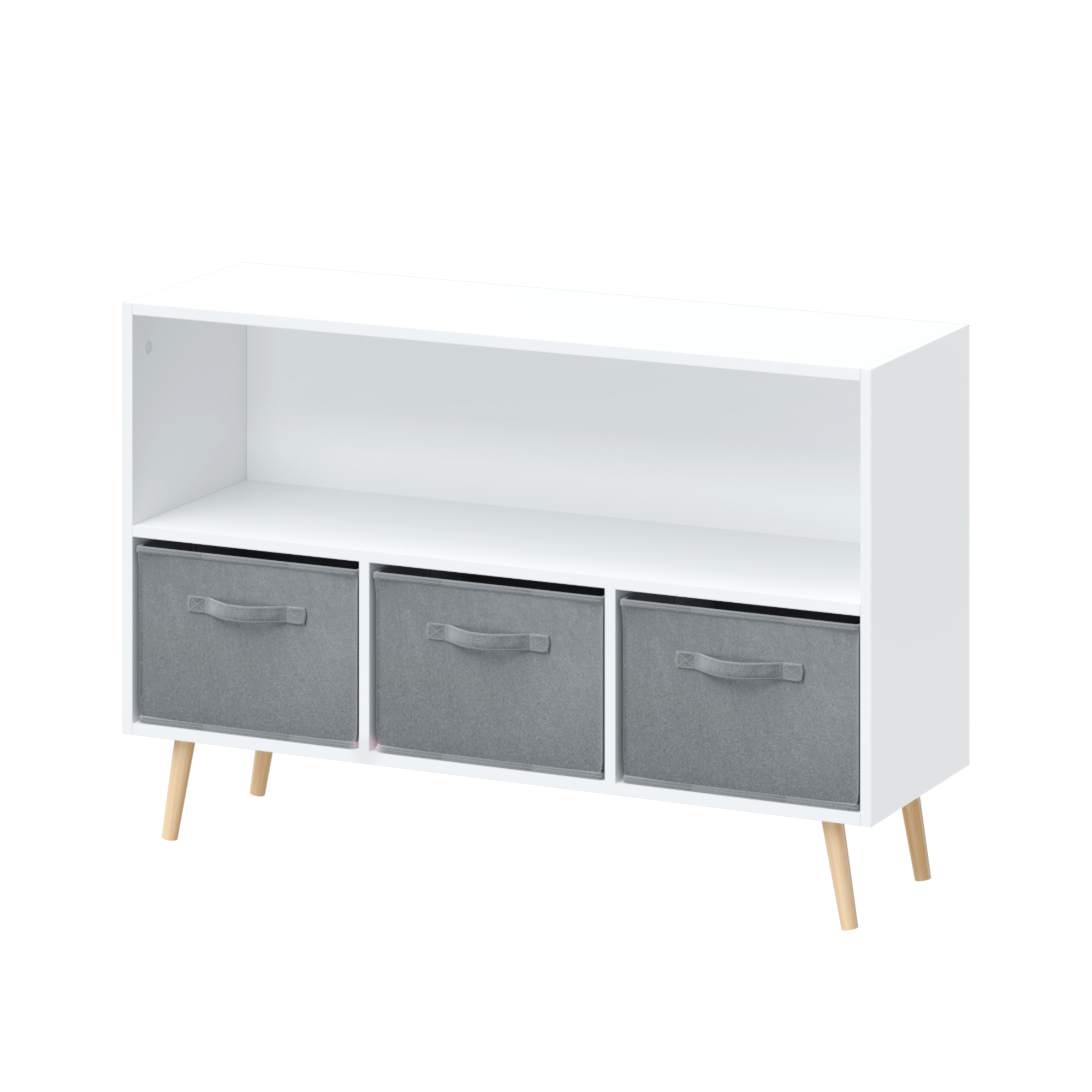 Kids Bookcase with Collapsible Fabric Drawers, Children's Book Display, Toy Storage Cabinet Organizer, White/Gray, MDF+Pine