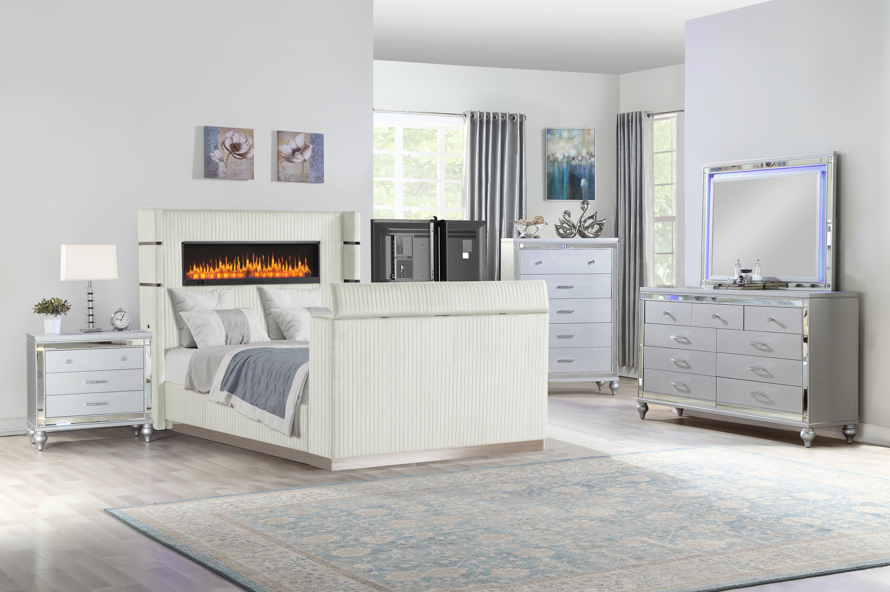 Lavish Modern Style 5 Pc King Bedroom Set Made with Fireplace in Headboard & TV stand in Footboard with Wood in Beige(CA INVENTORY)