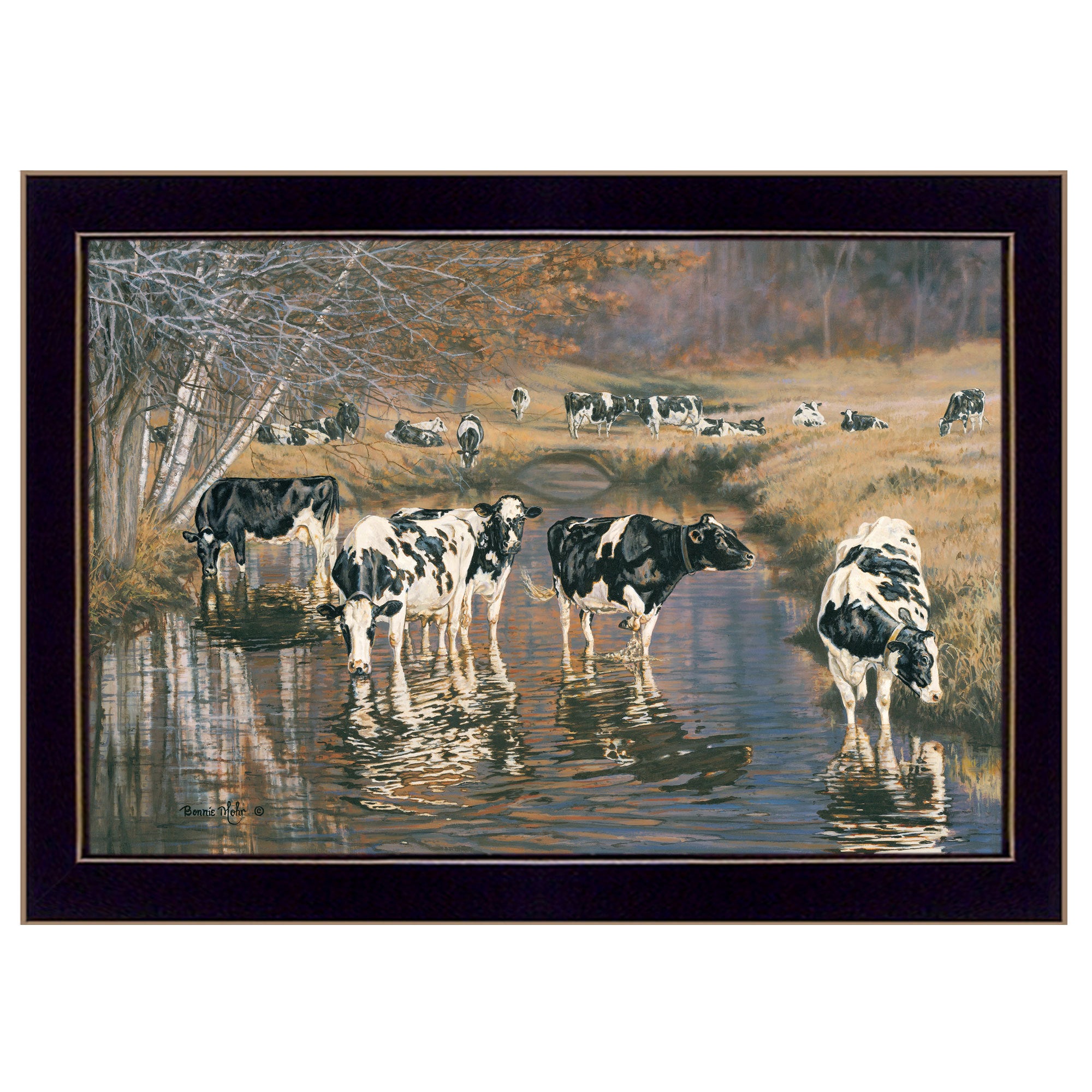 'Fall Reflections (Holsteins in River)' by Bonnie Mohr, Ready to Hang Framed Print, Black Frame
