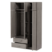 Modern Gray 3-Door Mirror Wardrobe with 2 Drawers and Top Cabinet, Particle Board