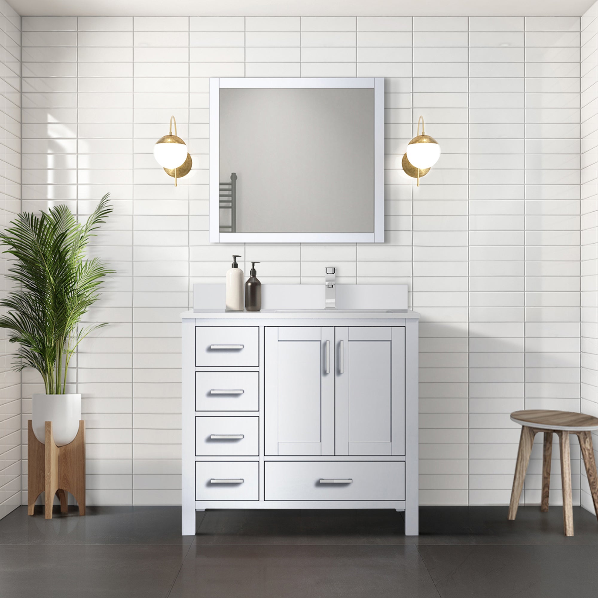 White Bath Vanity 36 in. W x 22 in. D, Right Offset and White Quartz Top