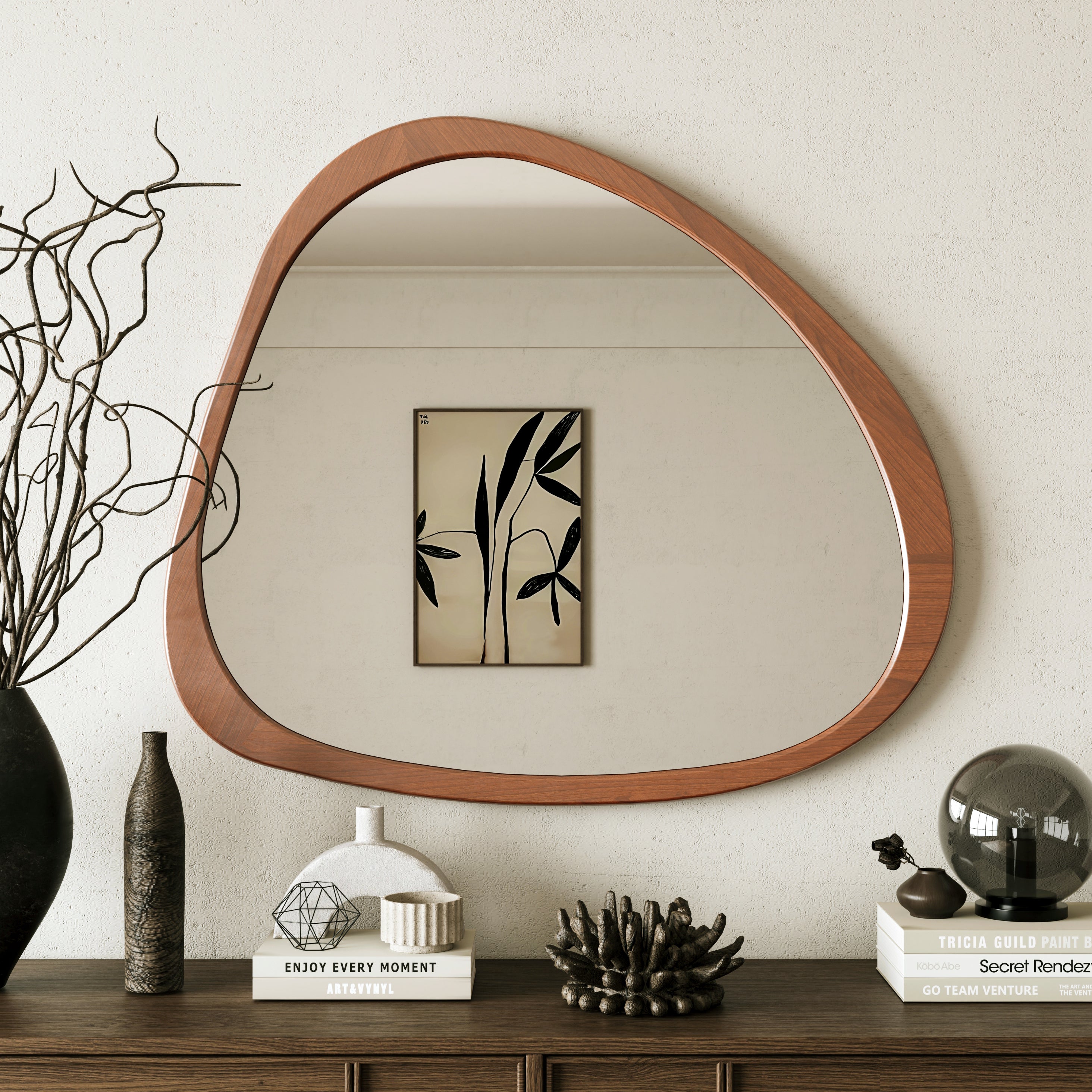 Solid Wood Mirror 45 Inch Asymmetrical Wall Mirror Wooden Framed Mirror Large Sized Dressing Mirror, for Living Room, Bedroom, Bathroom, Hallway or Entry Way, Walnut