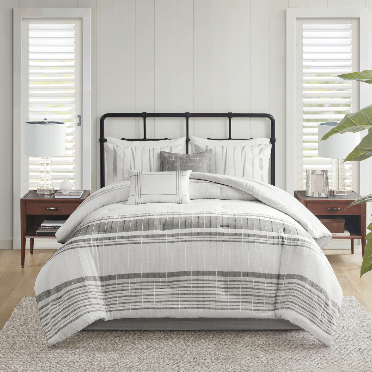 6 Piece Cotton Jacquard Oversized Comforter Set White/Grey Queen