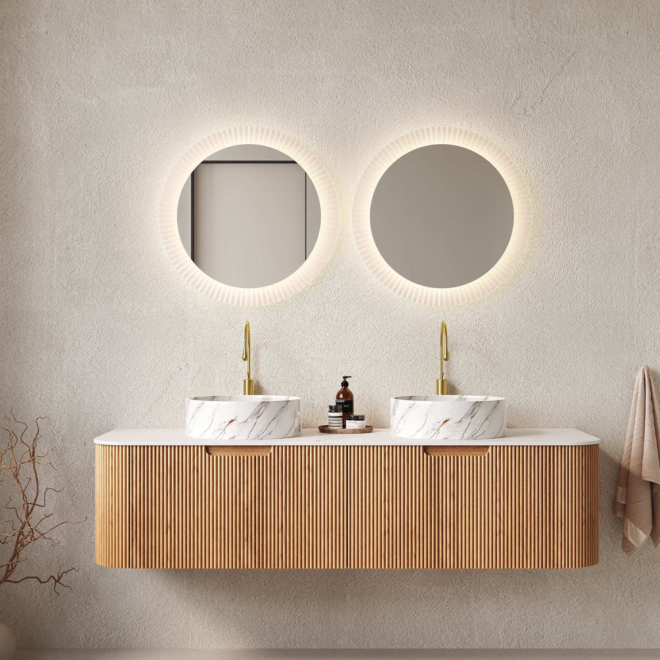 DINA 60' Bathroom Vanity with Sinks, Wall-Mounted Curved Edges Striped Bathroom Storage Cabinet with 2 Drawers, 2 White Round Ceramic Basin with Stone Pattern, Pre-assembled, Natural Woodgrain Color