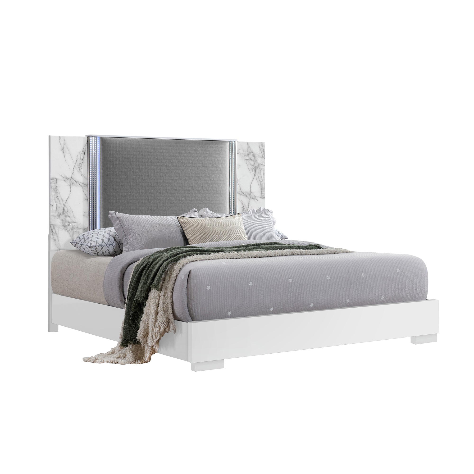 Modern MOON White Marble King 5PC Bedroom Set with LED Lighting and Solid Wood