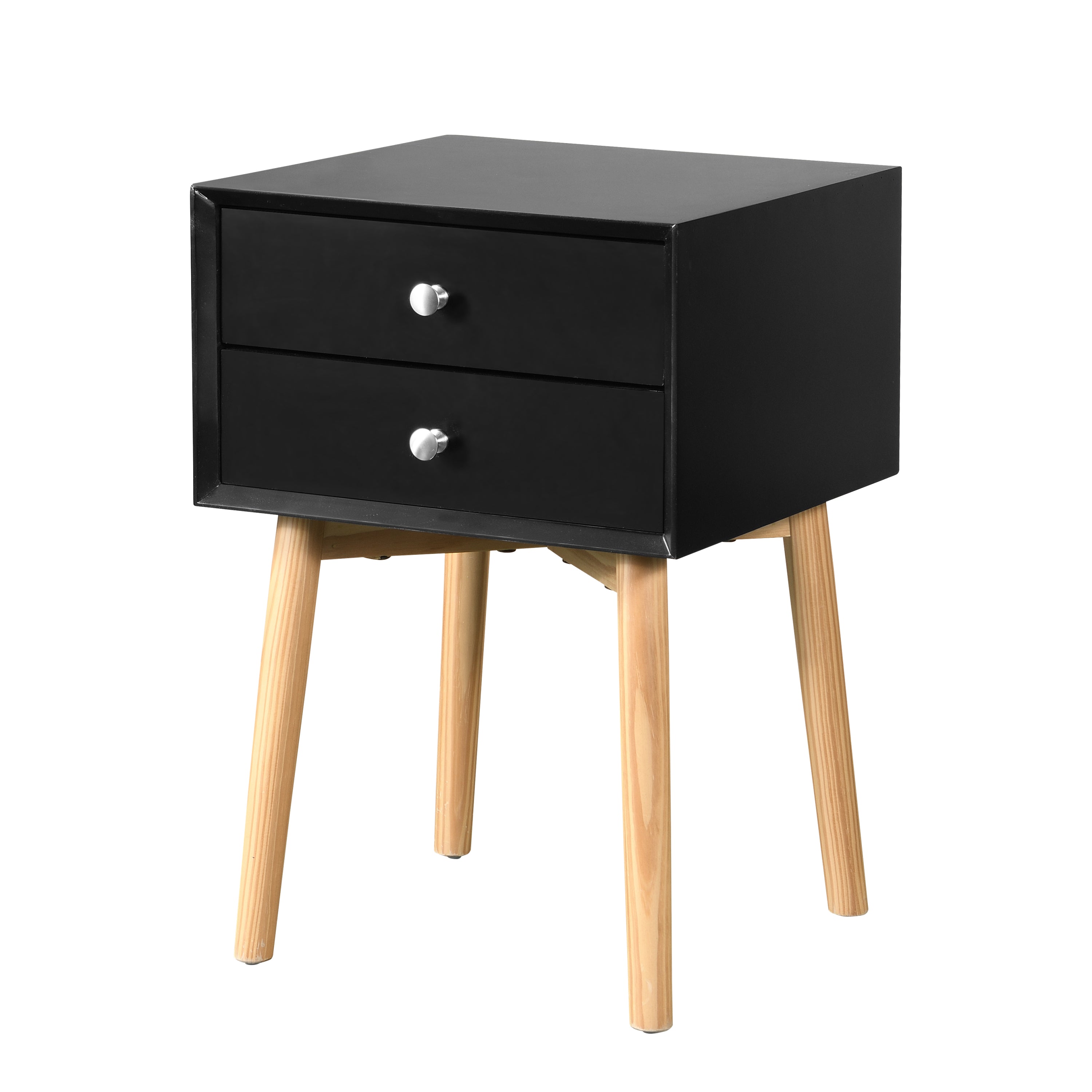 Mid-Century Modern Black Bedside Table with 2 Drawers and Rubber Wood Legs, MDF Construction