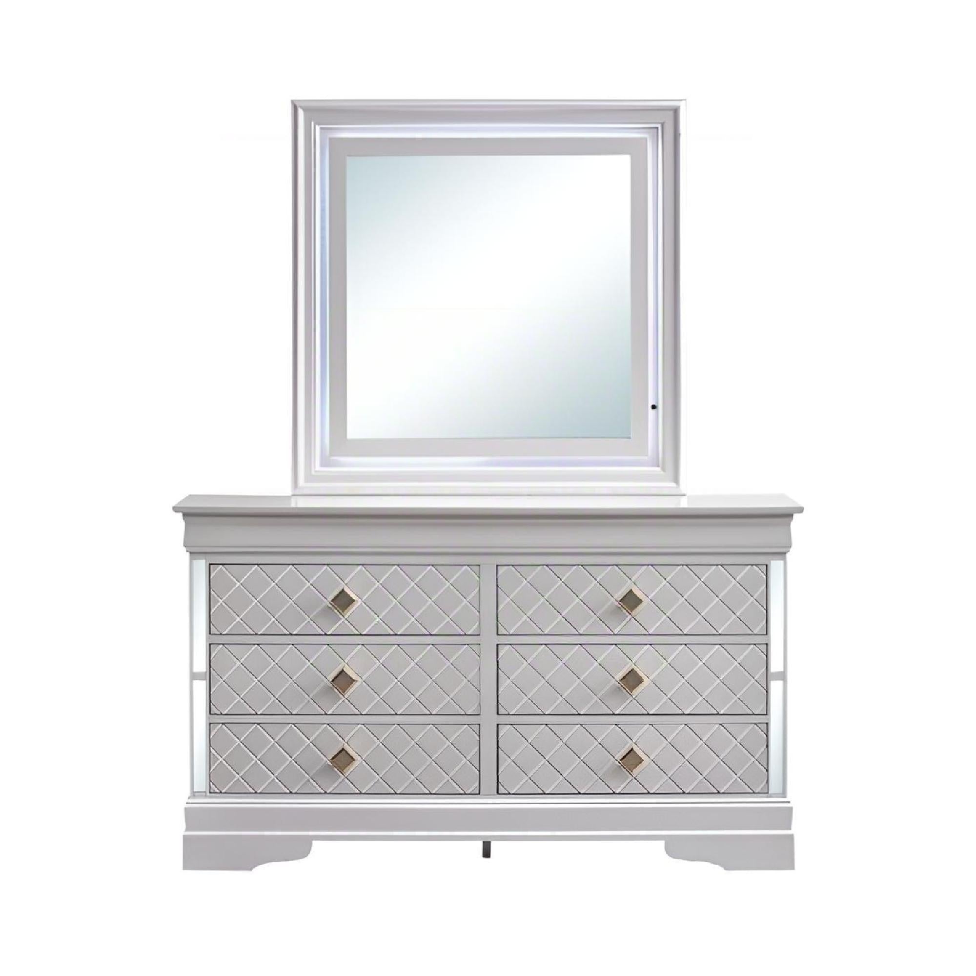 Verona G6735-D Dresser in Pearl White with Gold Handles and Faux Crystal Accents, Wood Veneer Finish, 59-inch Width