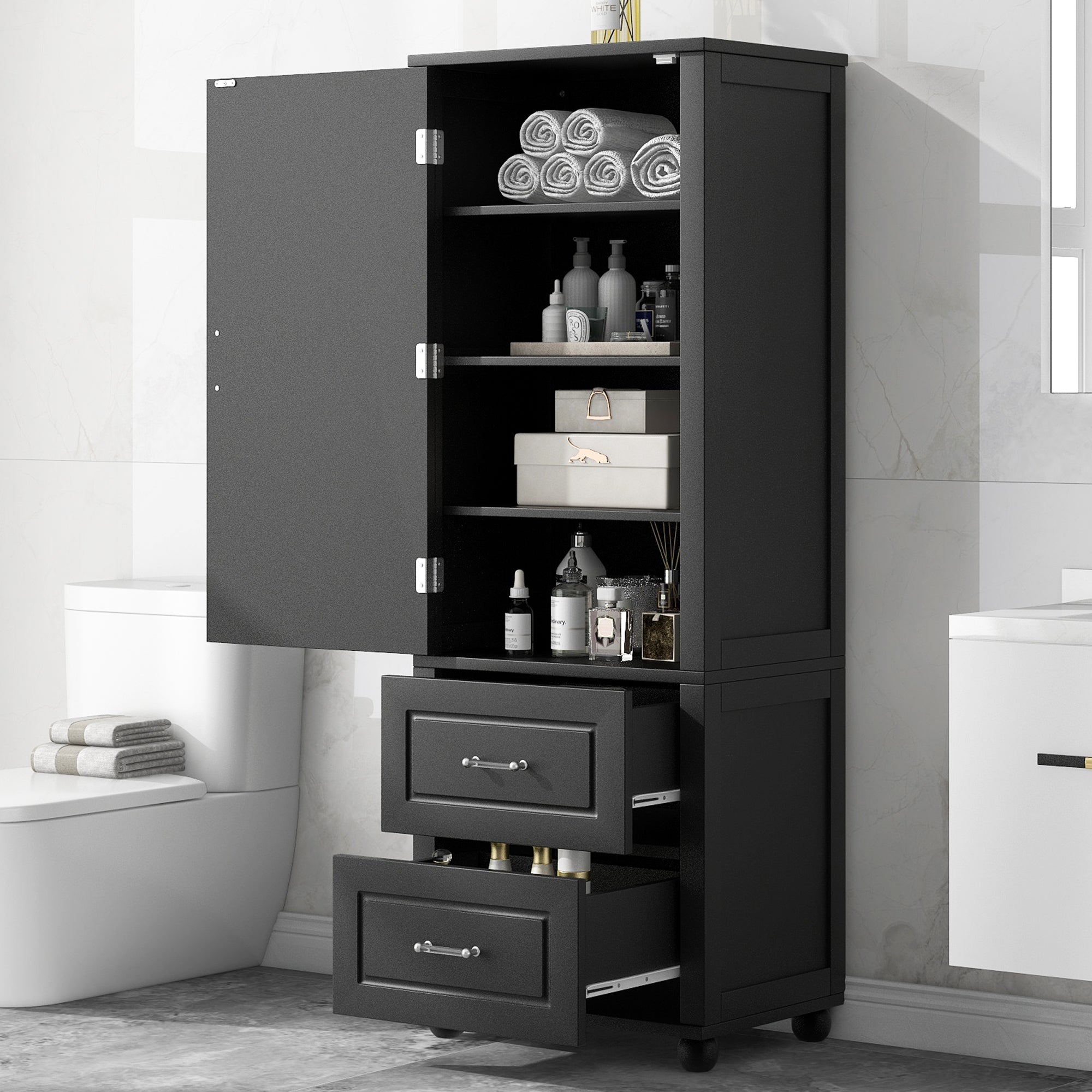 Tall Bathroom Storage Cabinet, Freestanding Storage Cabinet with Two Drawers and Adjustable Shelf, MDF Board with Painted Finish, Black (Old Sku:WF312728AAB)