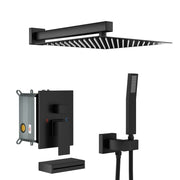 Matte Black Wall Mounted Square Shower System with Waterfall Tub Spout and Rough-in Valve, 12 Inch, Stainless Steel