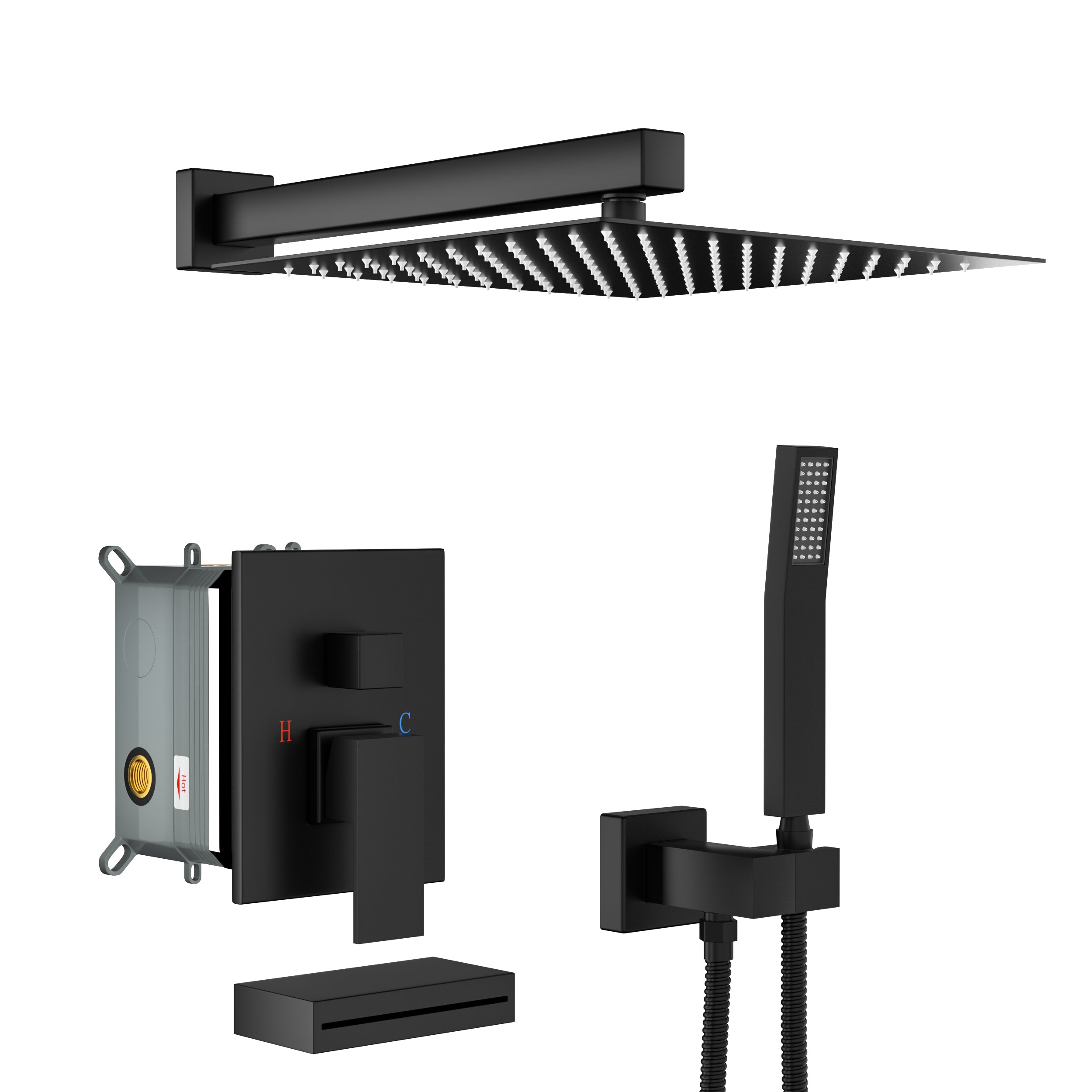 Matte Black Wall Mounted Square Shower System with Waterfall Tub Spout and Rough-in Valve, 12 Inch, Stainless Steel