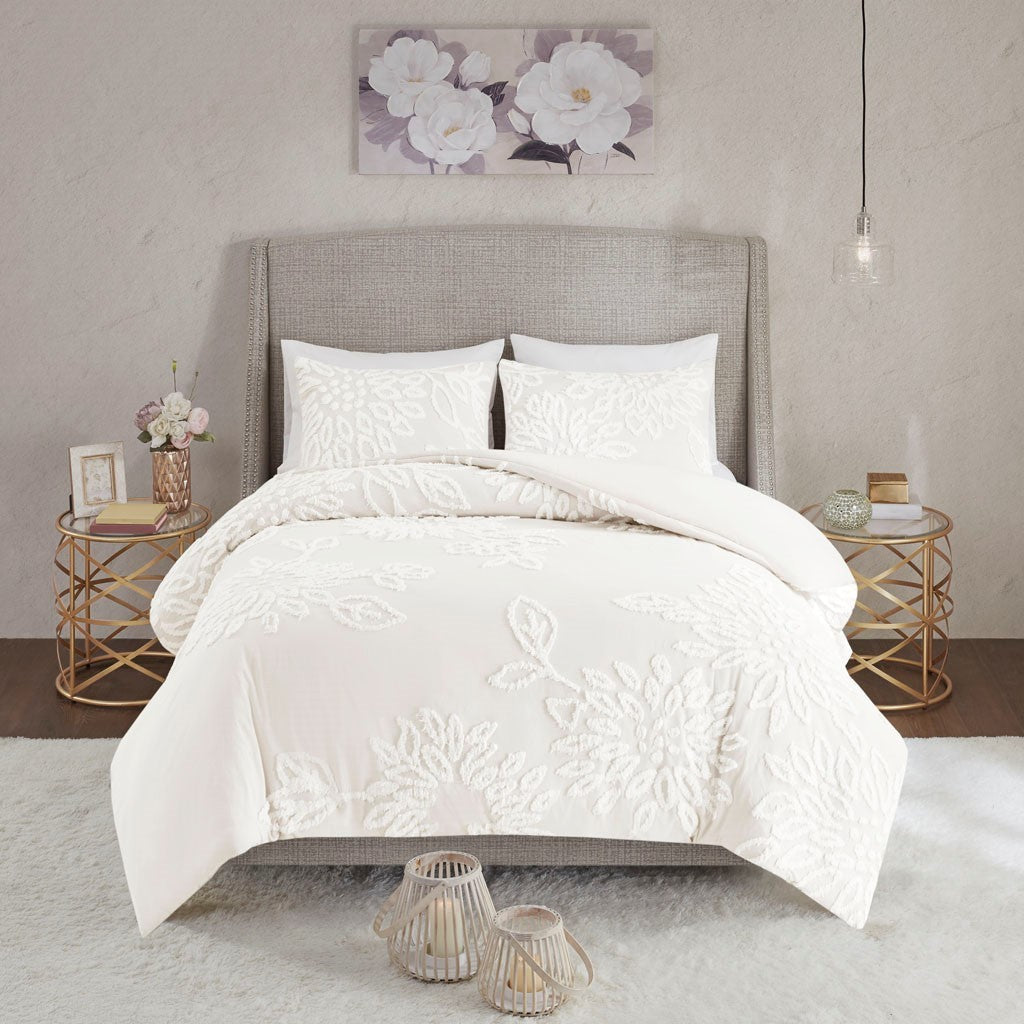 Full/Queen 3 Piece Tufted Cotton Chenille Floral Duvet Cover Set