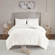 Full/Queen 3 Piece Tufted Cotton Chenille Floral Duvet Cover Set