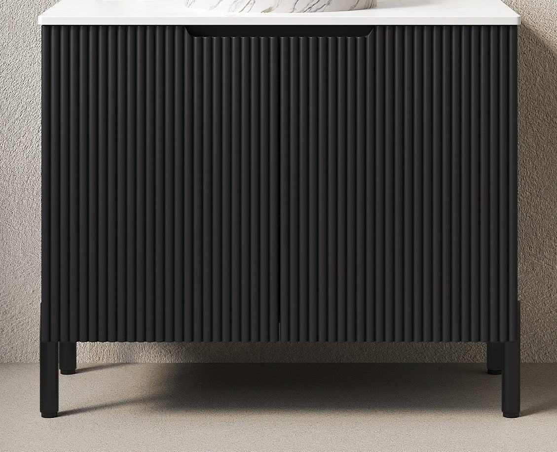 TURIO 30' Freestanding Cabinet without Basin, with Carrara White Sintered Stone Counter Top and 2 Doors, Black