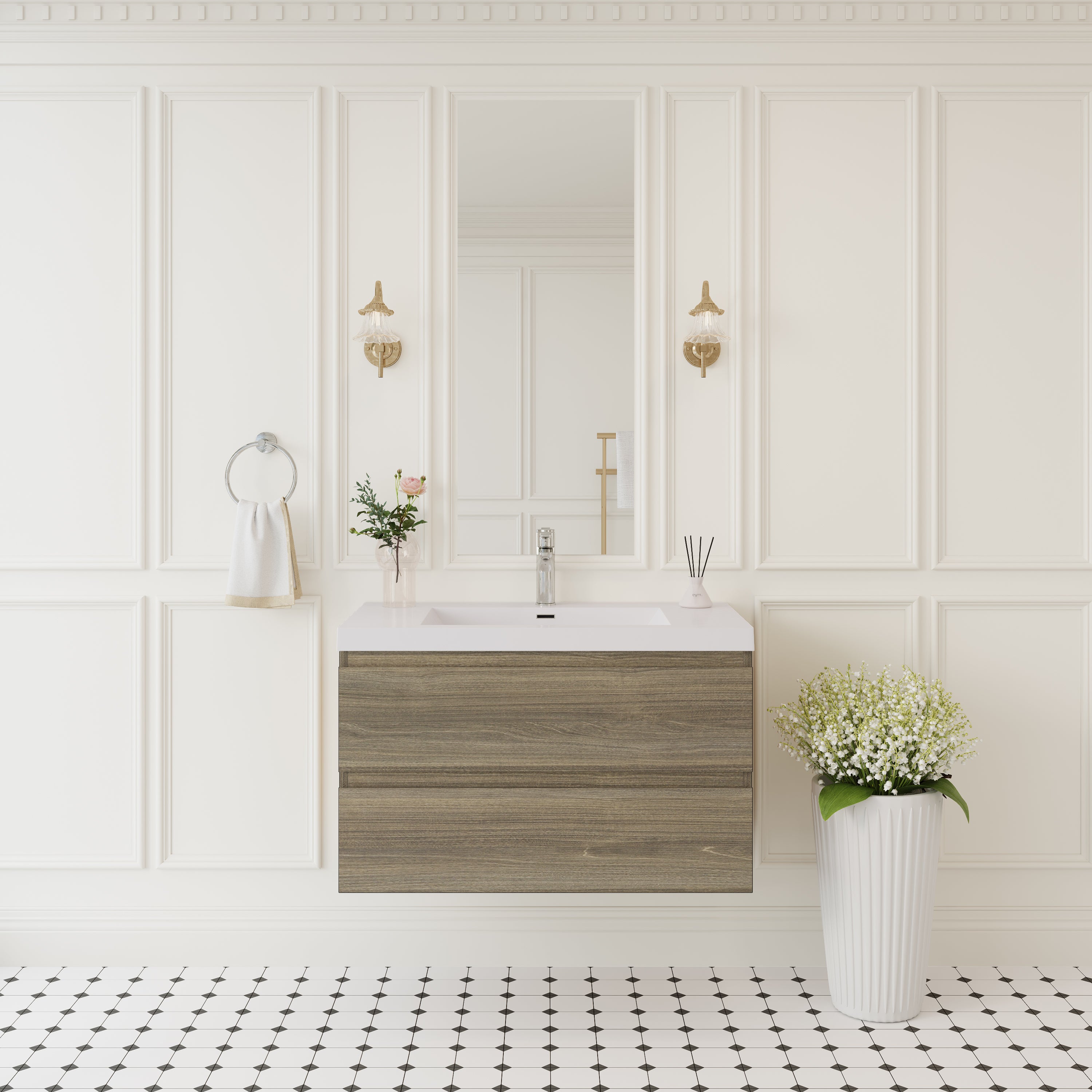 36' Floating Bathroom Vanity with Sink, Modern Wall-Mounted Bathroom Storage Vanity Cabinet with Solid Surface Top Basin and Soft Close Drawers, Ash Grey 24V11-36AG