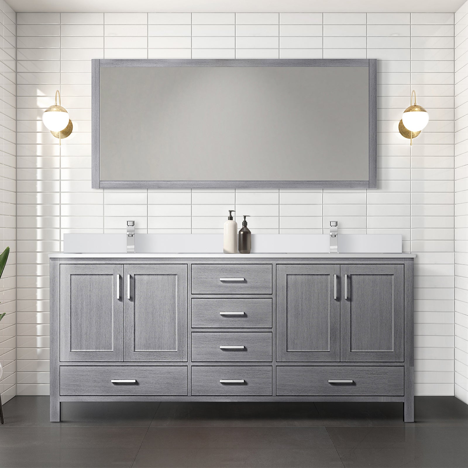 Distressed Grey Double Bath Vanity 72 in. W x 22 in. D, Cultured Marble Top, and Faucet Set