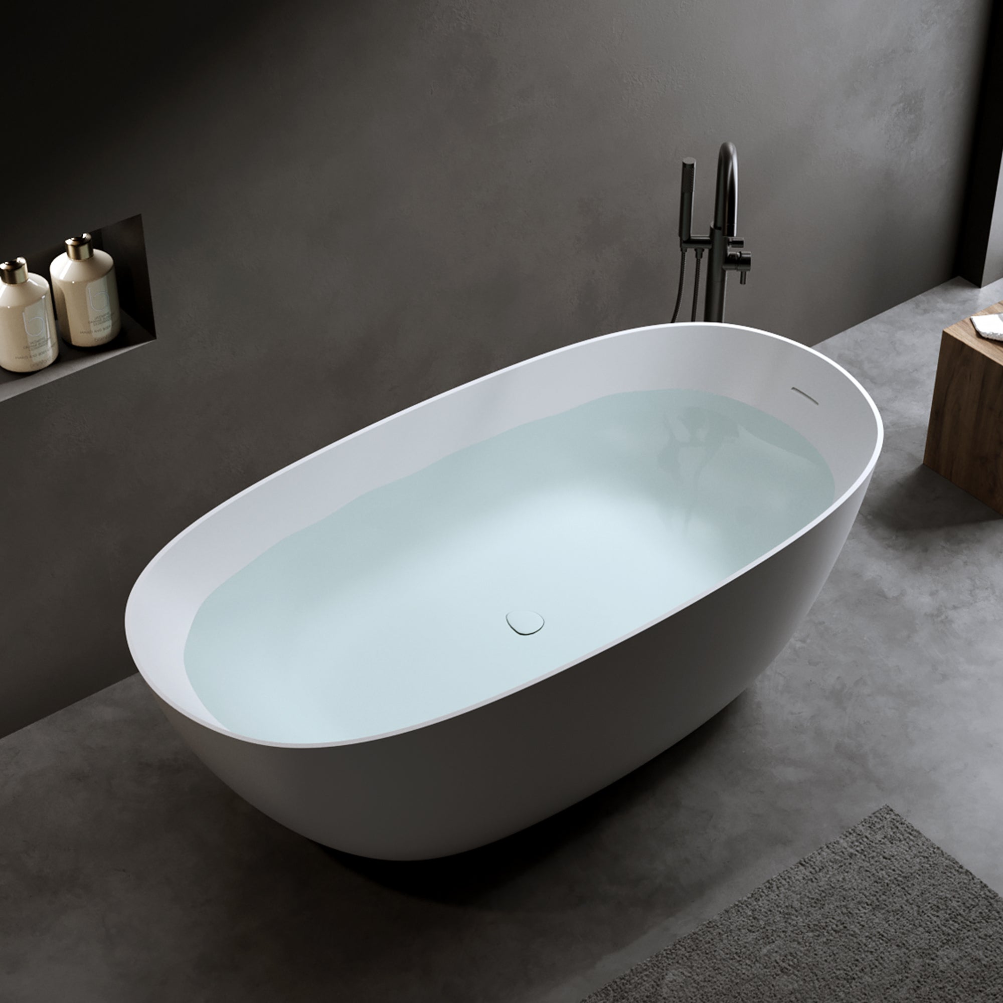 61'' Freestanding Bathtub Resin Stone Soaking Bathtub Solid Surface Modern Tubs with Overflow and Pop-up Drain in White