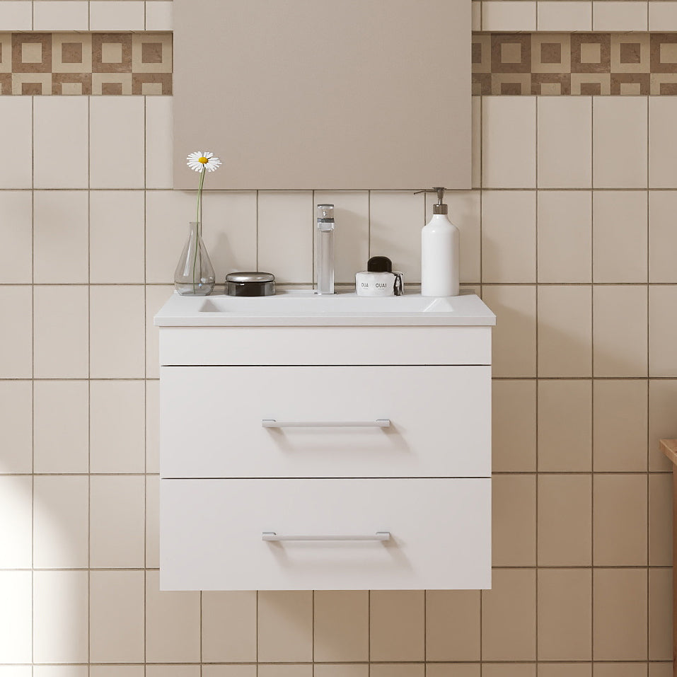 24-Inch White Gloss Wall-Mounted Bathroom Vanity with Double Drawers, Soft-Close System,Ceramic Sink,  Create a Modern and Minimalist Bathroom Space!