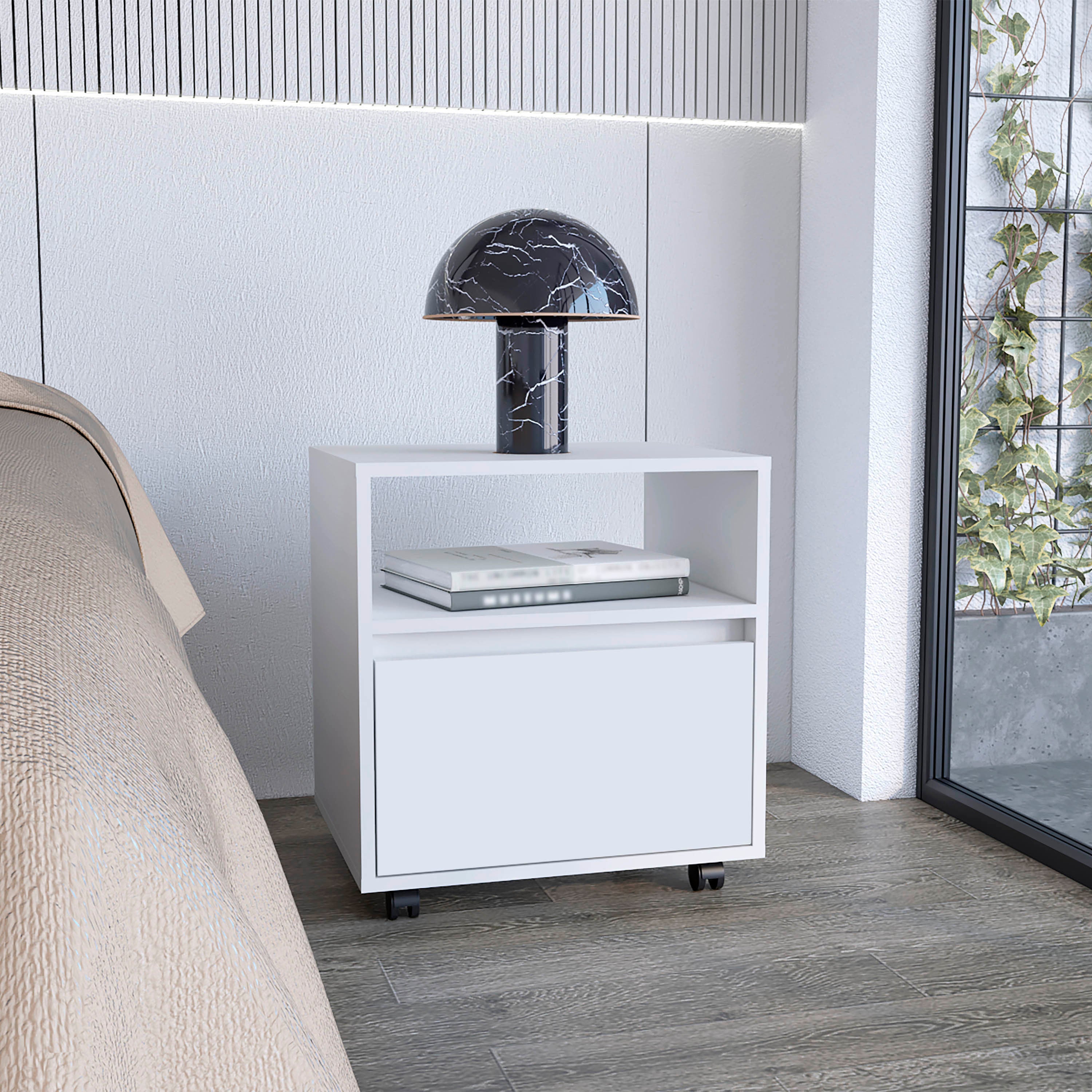 Nightstand 20'H, with One Open Shelf, 1 Drawer and Casters, White
