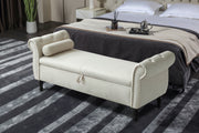 Aijia 63' Velvet Multifunctional Storage Rectangular Sofa Stool Buttons Tufted Nailhead Trimmed Solid Wood Legs with 1 Pillow,Beige