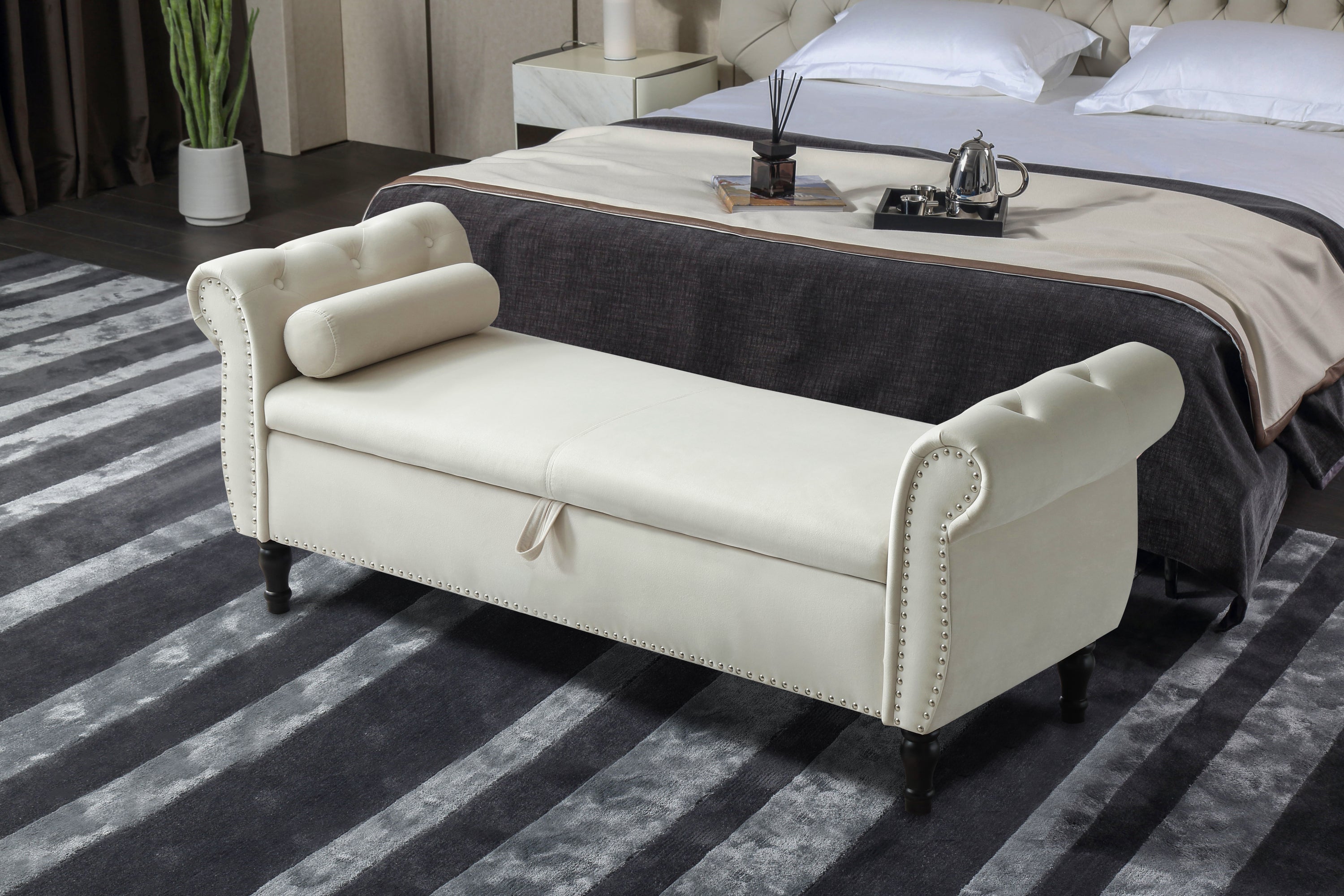 Aijia 63' Velvet Multifunctional Storage Rectangular Sofa Stool Buttons Tufted Nailhead Trimmed Solid Wood Legs with 1 Pillow,Beige