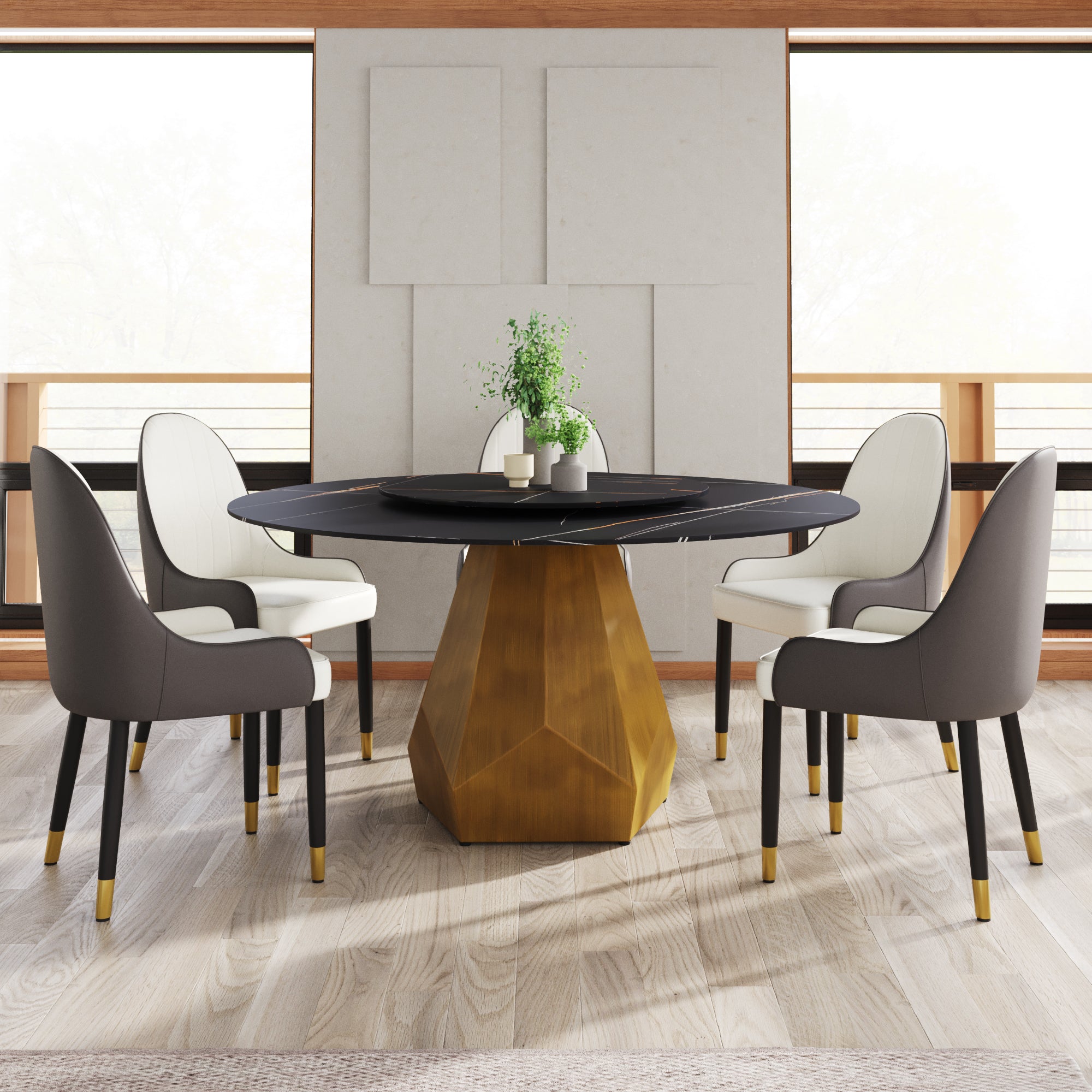 59.05' Round Marble Dining Table with Metal Base, Artificial Marble for 6-8 People, 31.5'Black Artificial Stone Turntable,Black (Dining Table Only)