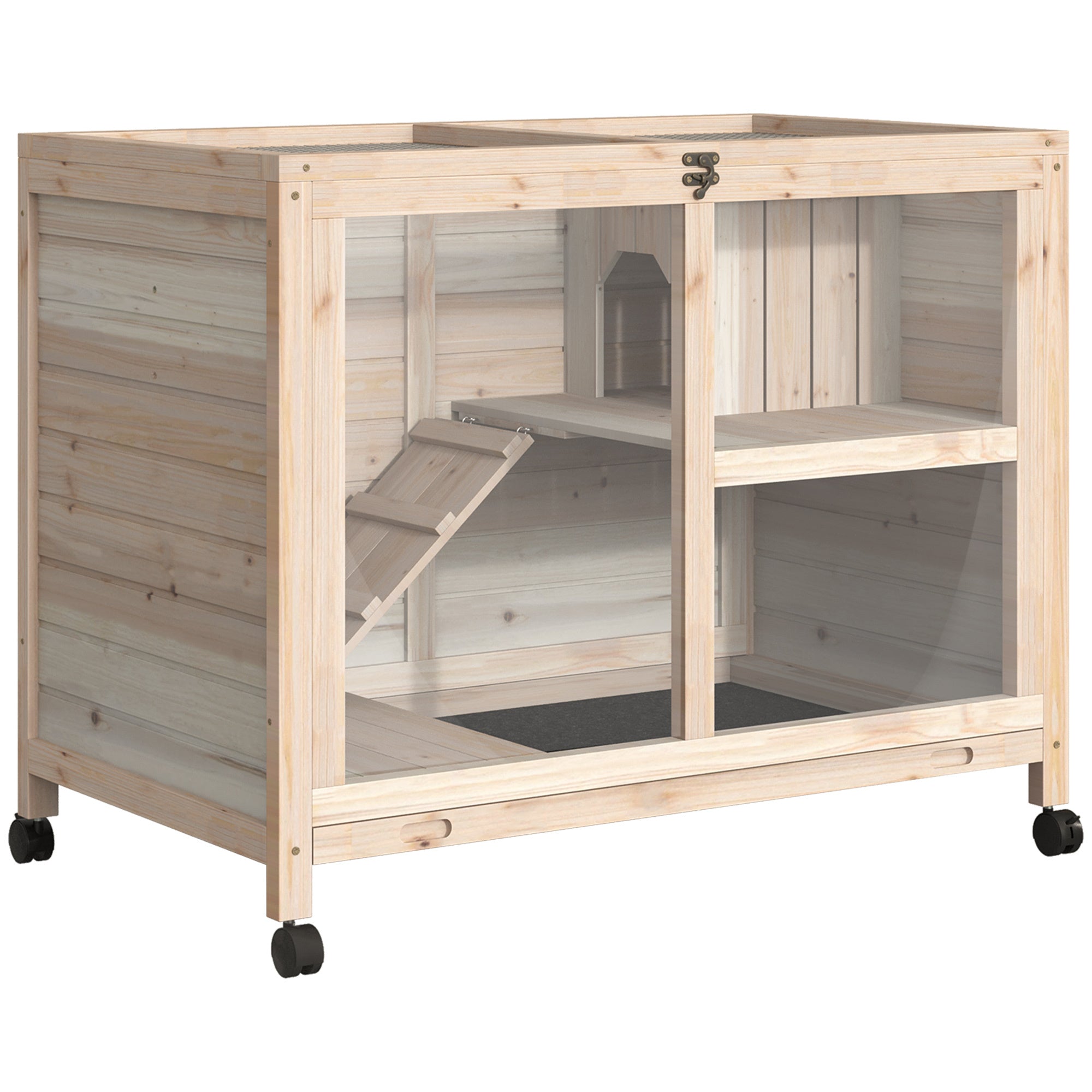 PawHut Indoor Rabbit Hutch with Wheels, Desk and Side Table Sized, Waterproof Wood Rabbit Cage, Natural